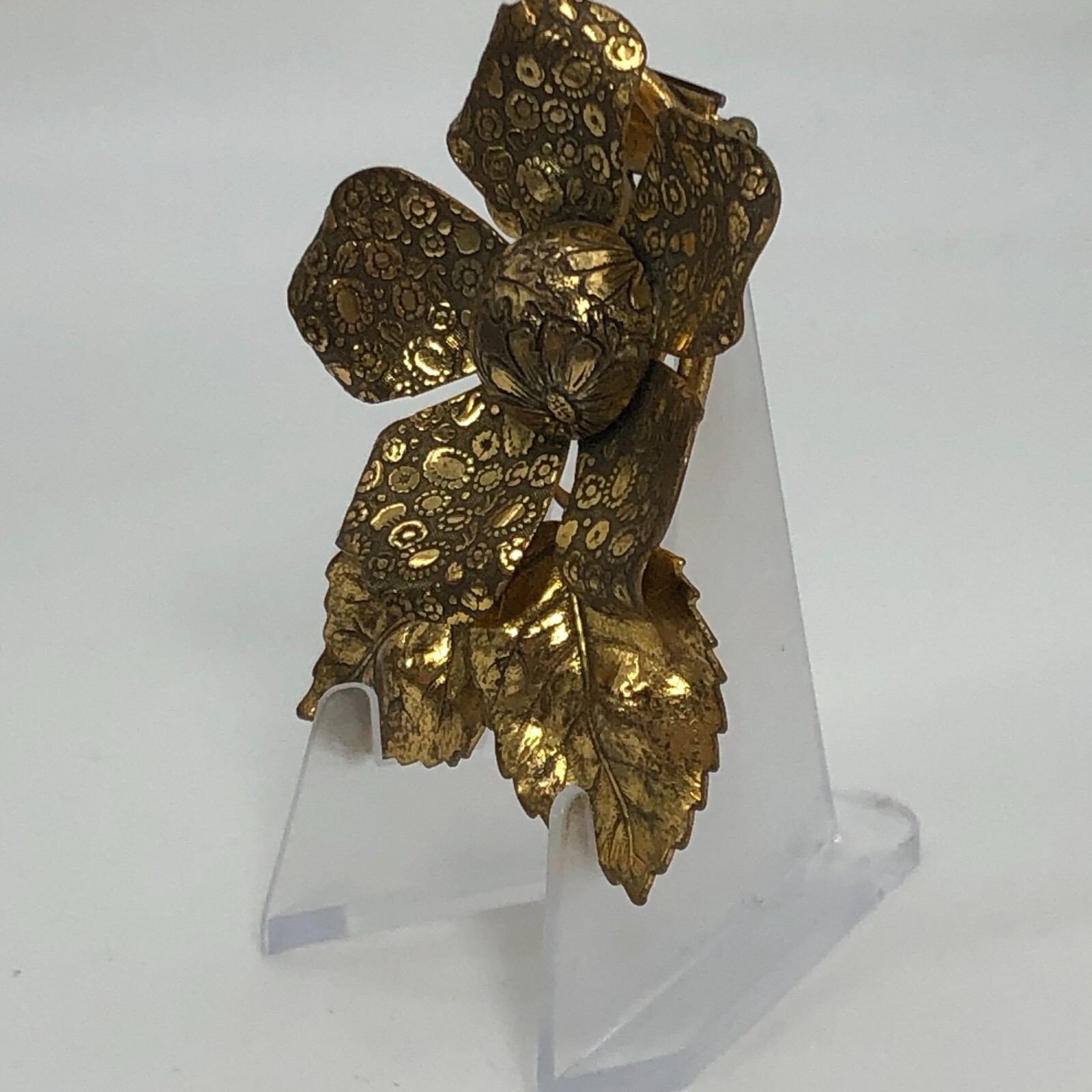 Vintage Flower & Leaves Dress Clip Brooch Gold Tone 1940s Estate Find