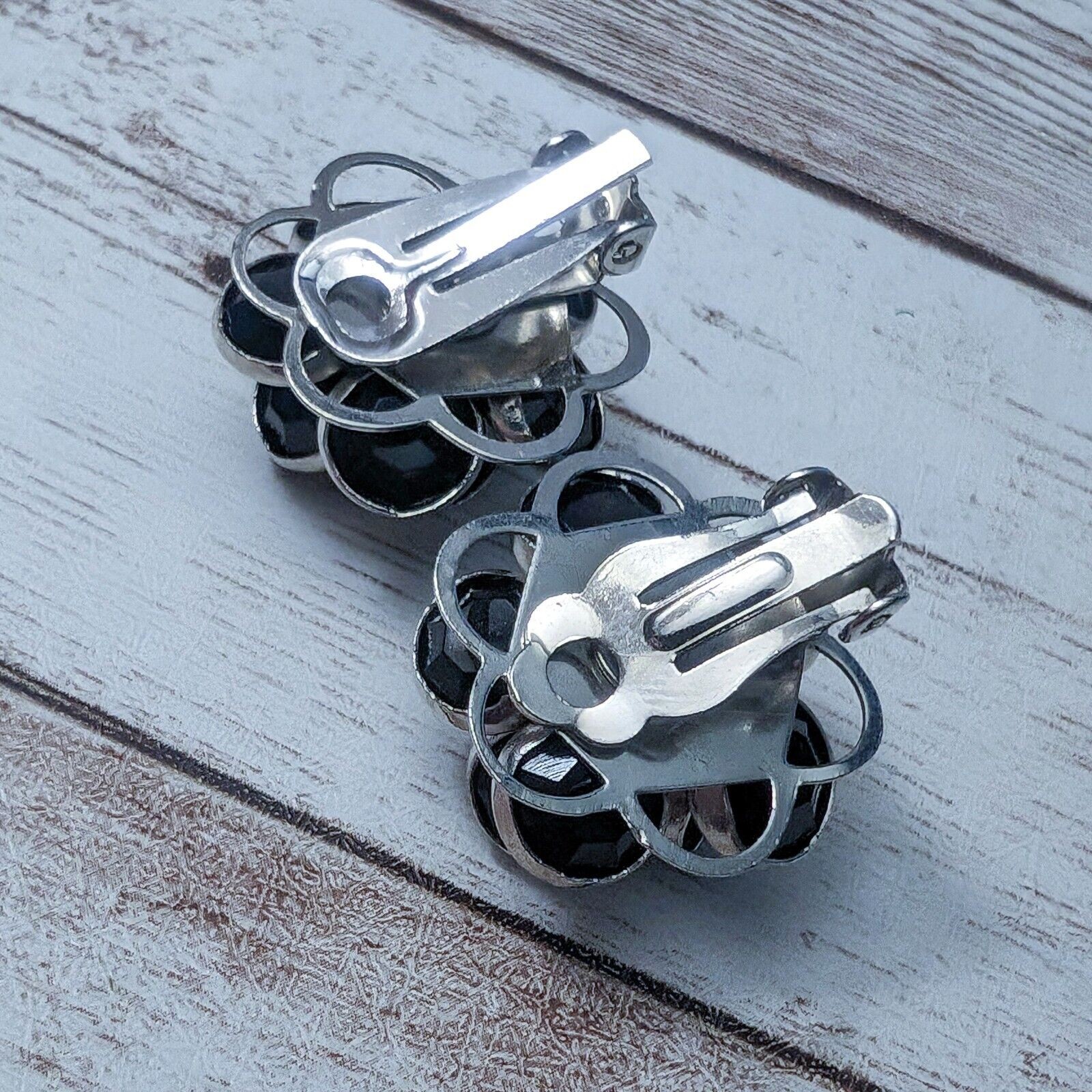Vintage Clip On Earrings – Black & Silver Tone Flower with Clear Gem