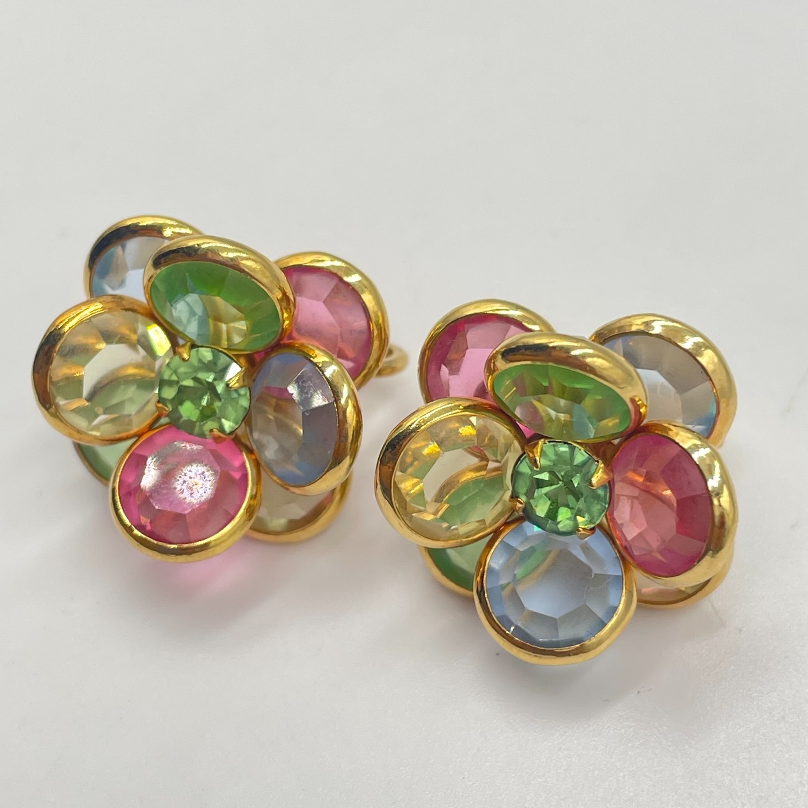 Vintage Multi Color Rhinestone Pastel Flower Clip On Earrings Gold Tone Retro