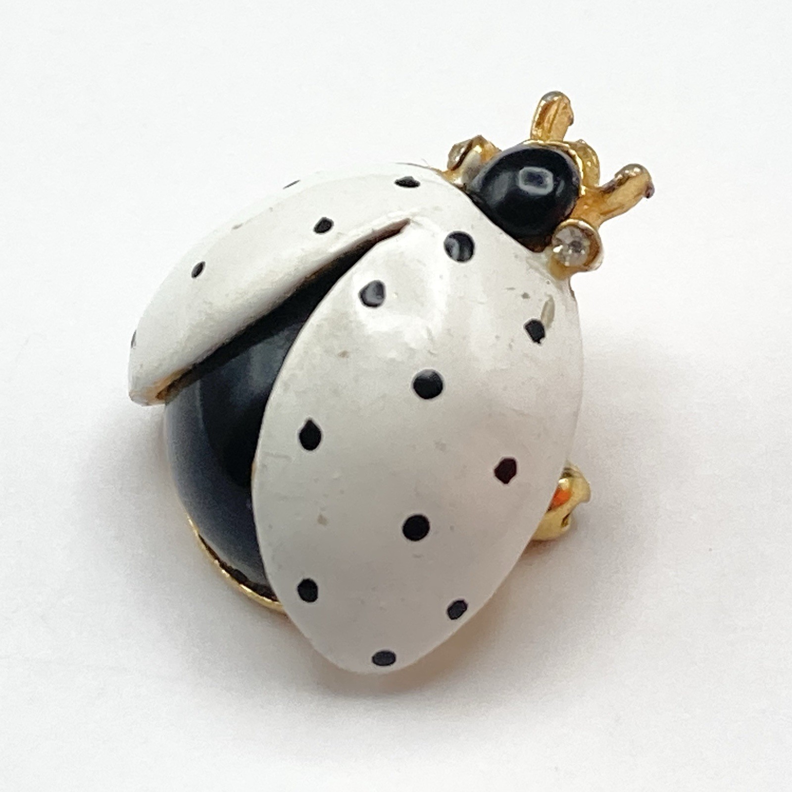 Vintage White Black Enamel Rhinestone Ladybug Bug Small Cute Brooch Pin