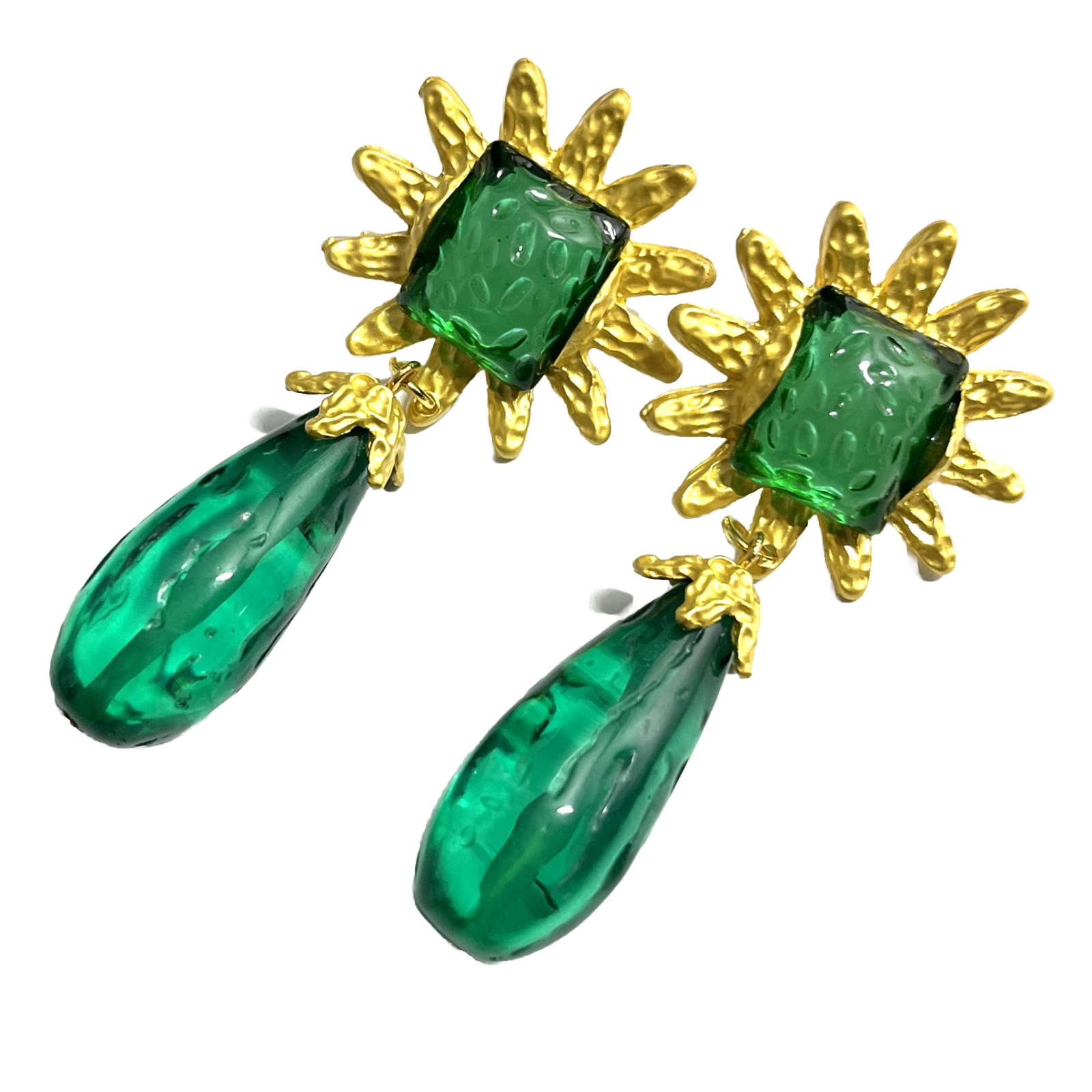 Brutalist Gripoix Style Earrings Pierced Teal Green Matte Gold Sunburst Dangle