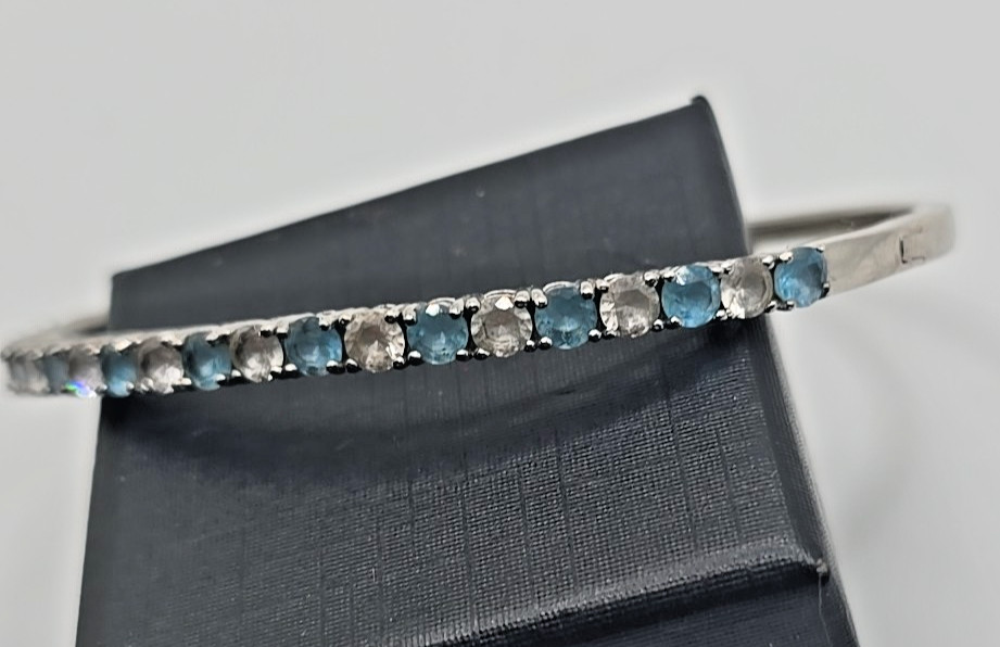 Vintage Signed SUN Sterling Silver Blue Topaz White Sapphire Cuff Bracelet 10.4g