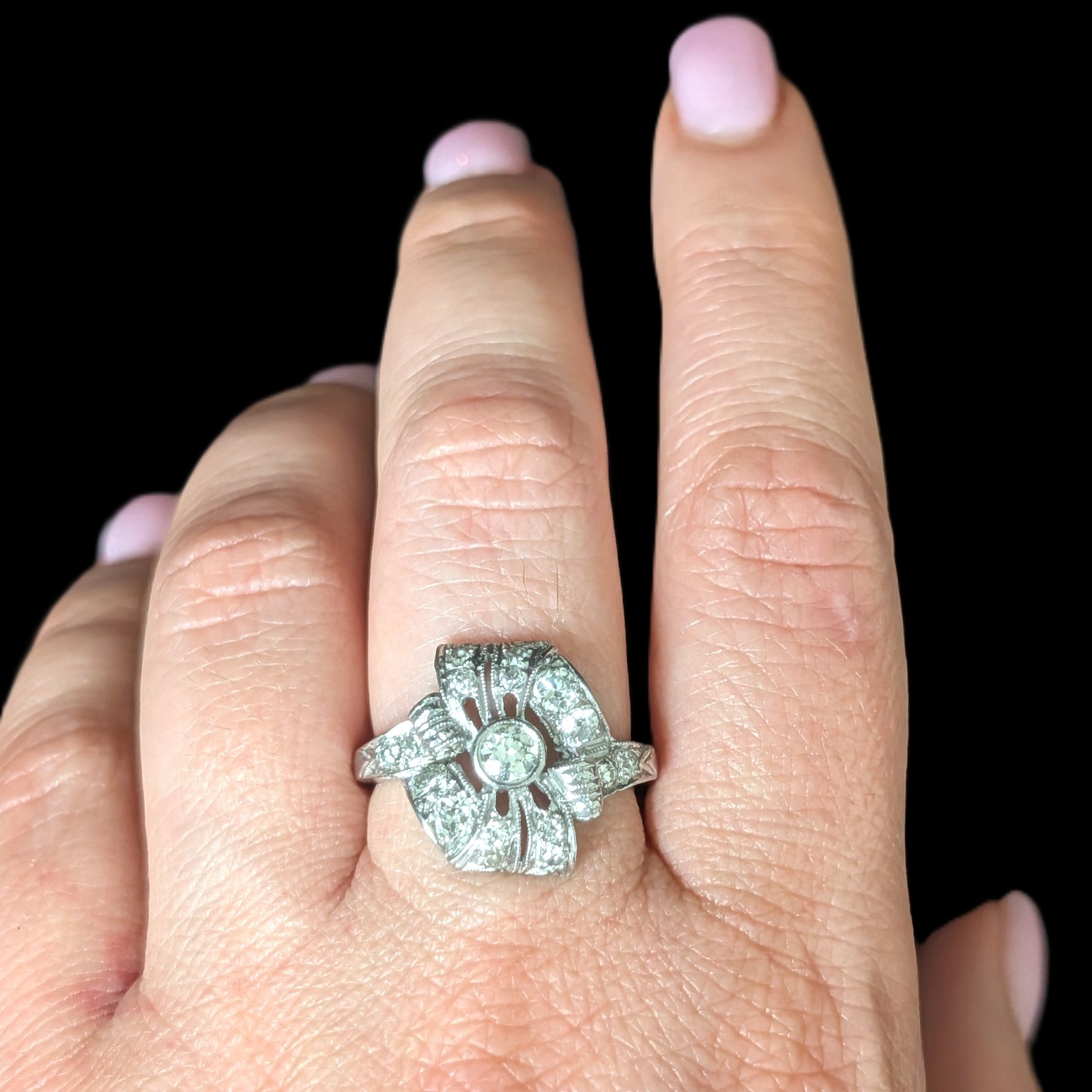 Edwardian Era Old European Cut Diamonds Platinum Cocktail Ring Floral Antique