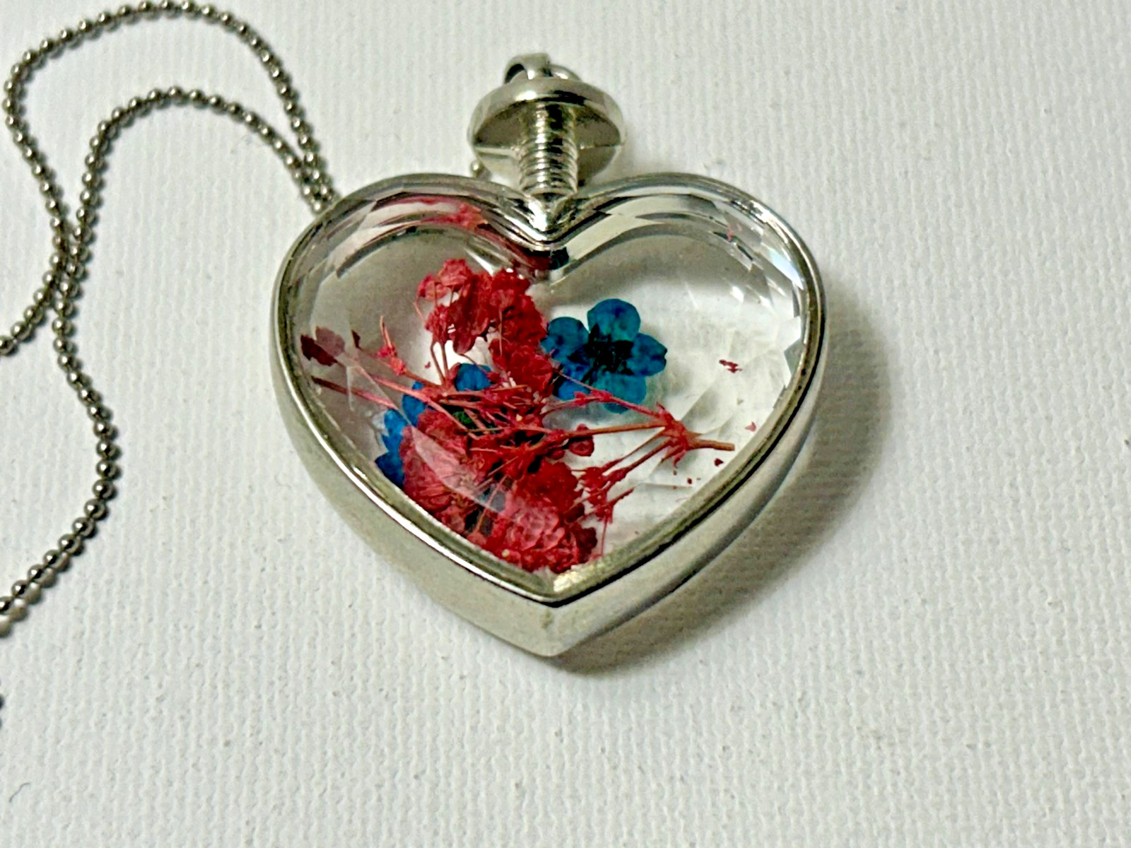 Vintage Heart Pendant Necklace Blue and Red Pressed Flowers