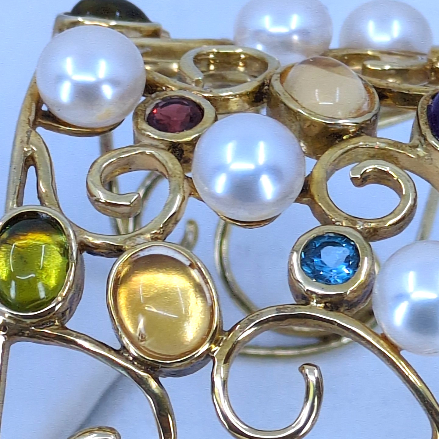 Gold Wash 925 Sterling Silver Multi-Gemstone & Mabe Pearl Filigree Cuff Bracelet