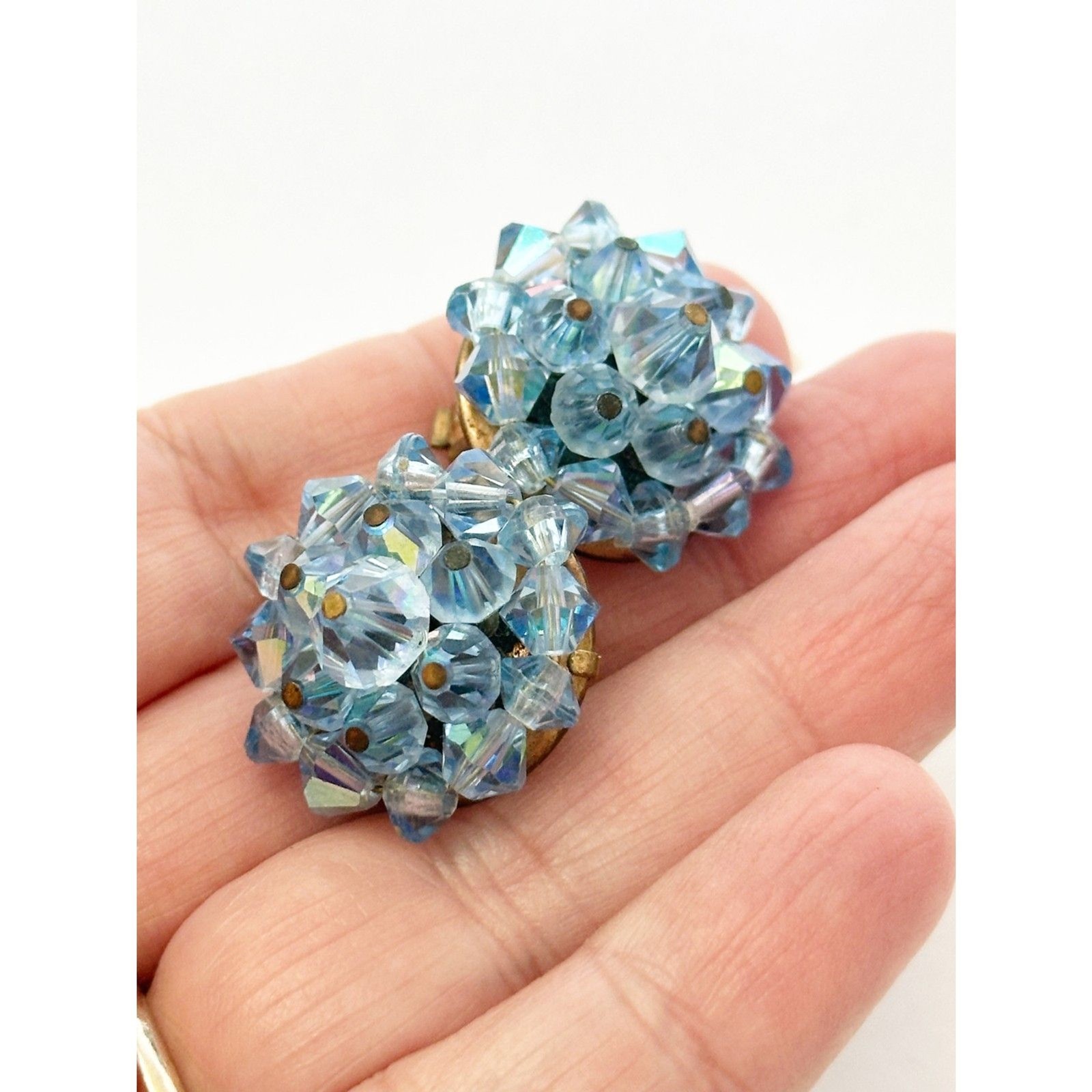 Vintage Earrings Bead Cluster Blue Faceted AB Glass Clip On Bicone Retro