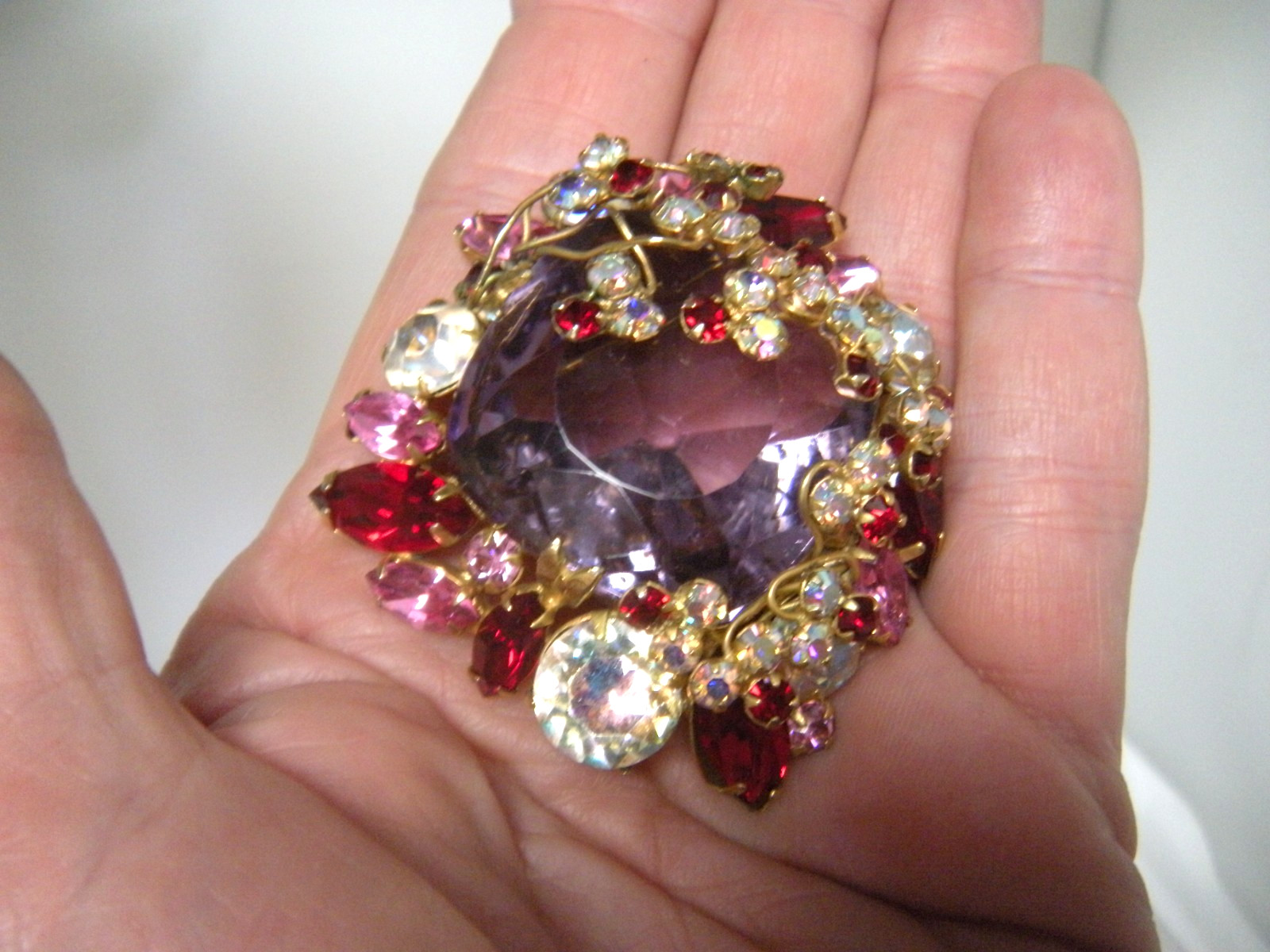 JULIANA Purple Pink Red Rhinestone Vintage Brooch Earring Set