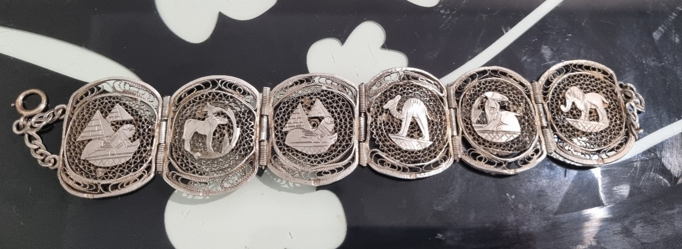 Vintage 12k White Gold Fill Sterling Egyptian Theme Filigree Bracelet See Video