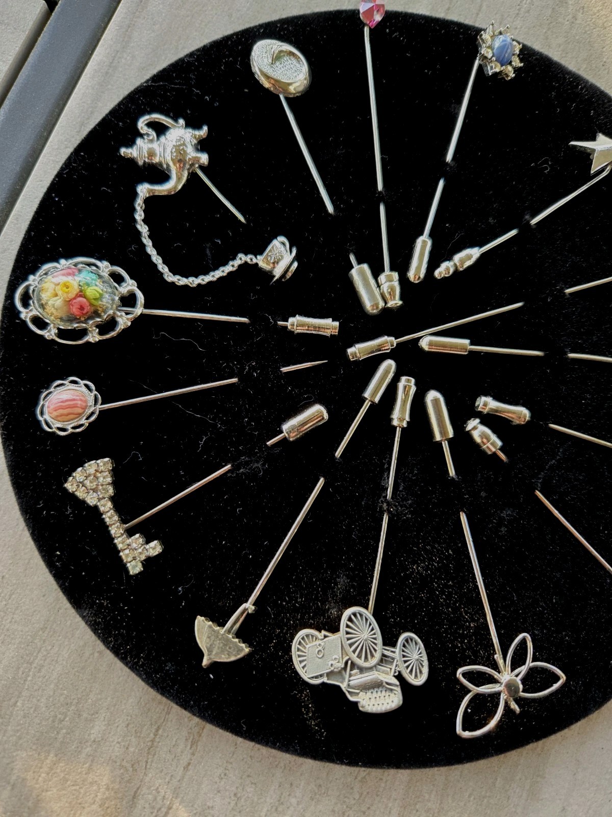 Vintage 15 Pc Stick Pin Collection Silver Tone Novelty Estate Lot