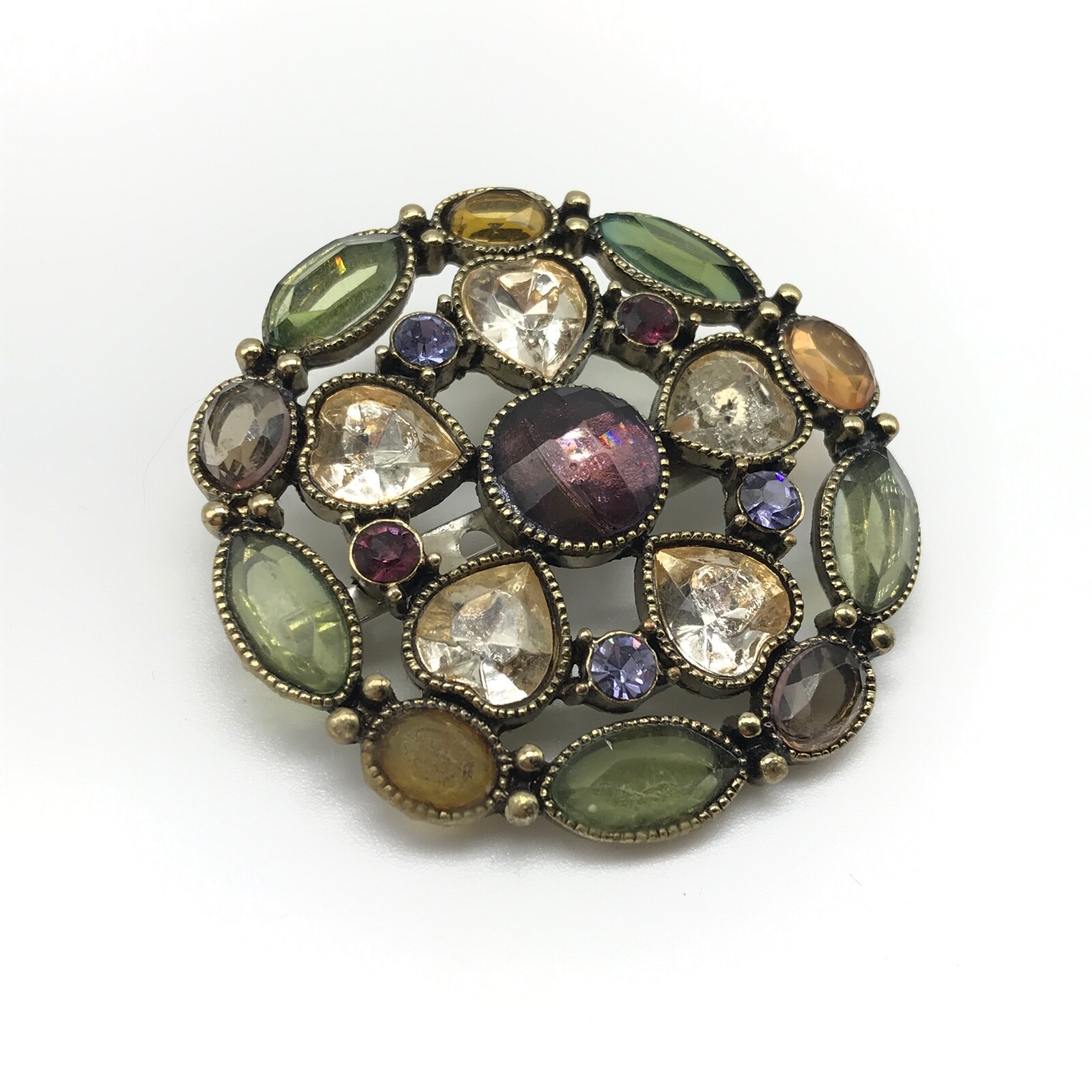 Vintage Multicolor Rhinestone Green Purple Yellow Heart Round Brooch Pin