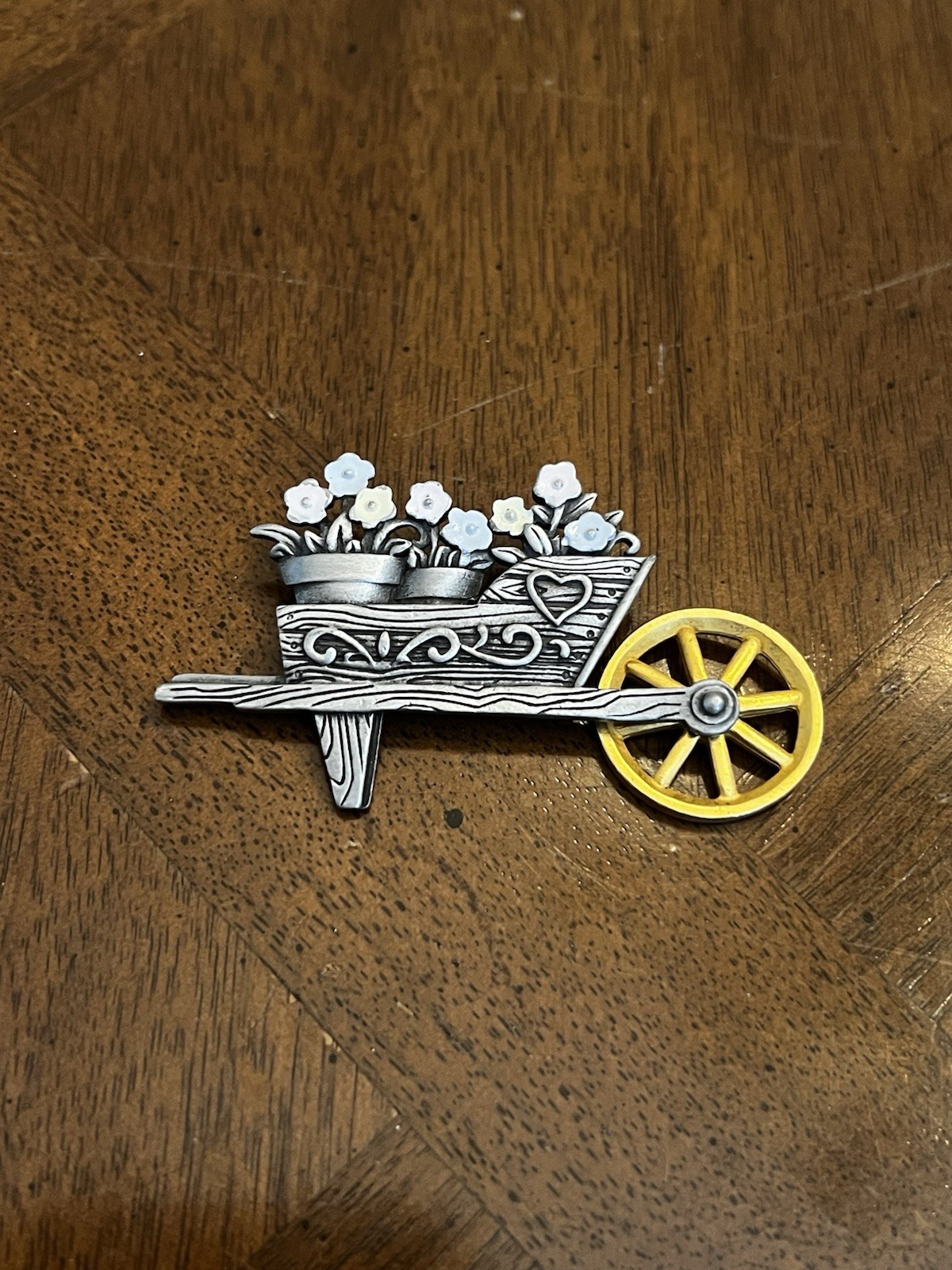 Vintage JJ Jonette Flowers in Wheelbarrow Brooch Signed Nice!