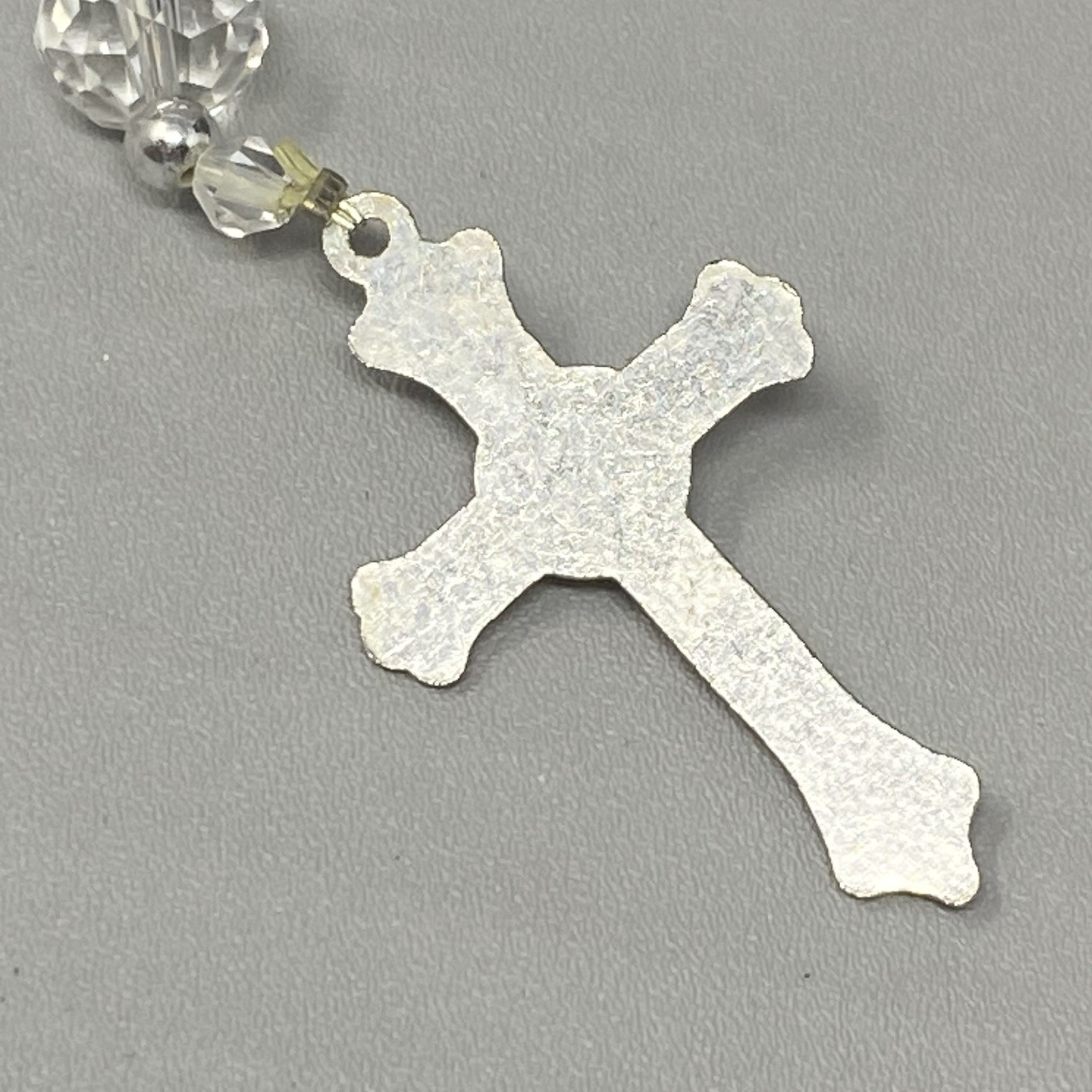 Rosary Bracelet Glass Beads Stretch Silver Tone Crucifix Cross Dangle Vtg 7.25″