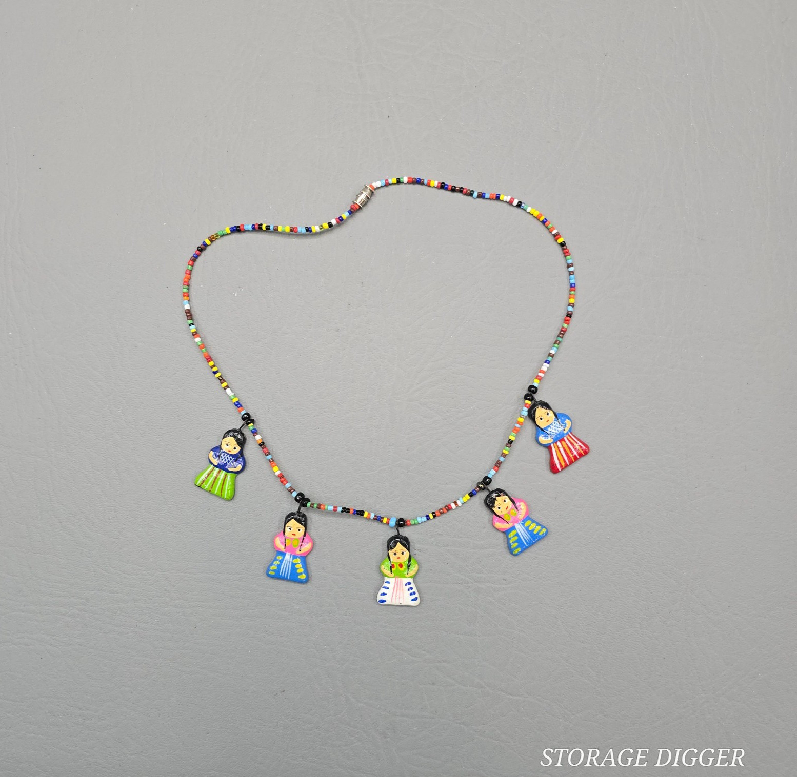 Vintage Folk Art Ceramic Doll Charm Necklace Multicolor Seed Bead Handmade 19″