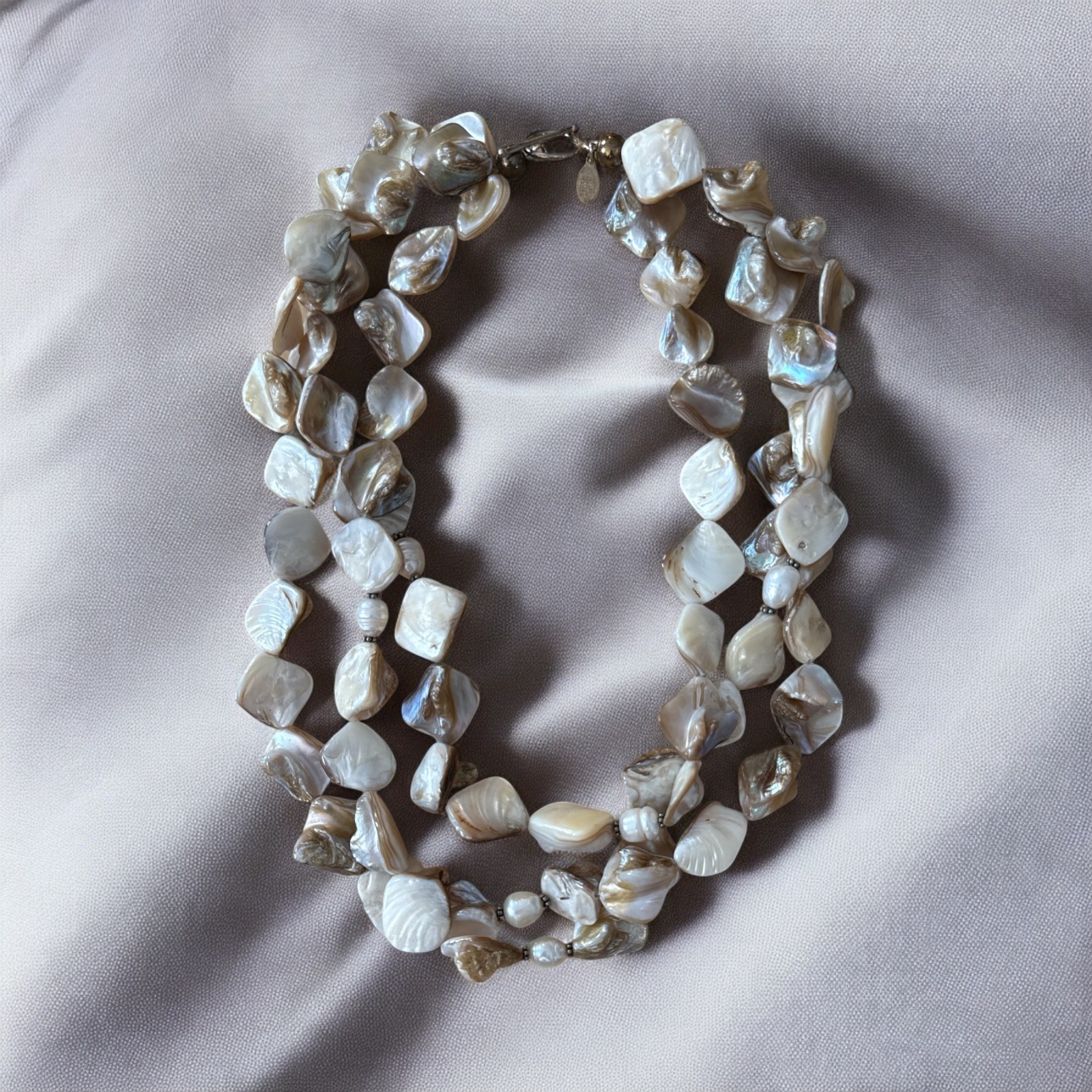 VTG 925 Sterling Silver Clasp Donna Dressler 3 Strand MOP Statement Necklace