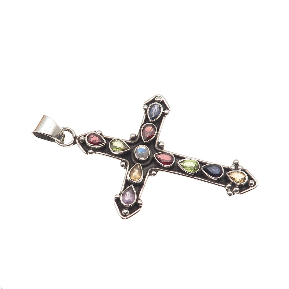 Sterling Vintage Amethyst Iolite Peridot Garnet Citrine Moonstone Cross Pendant