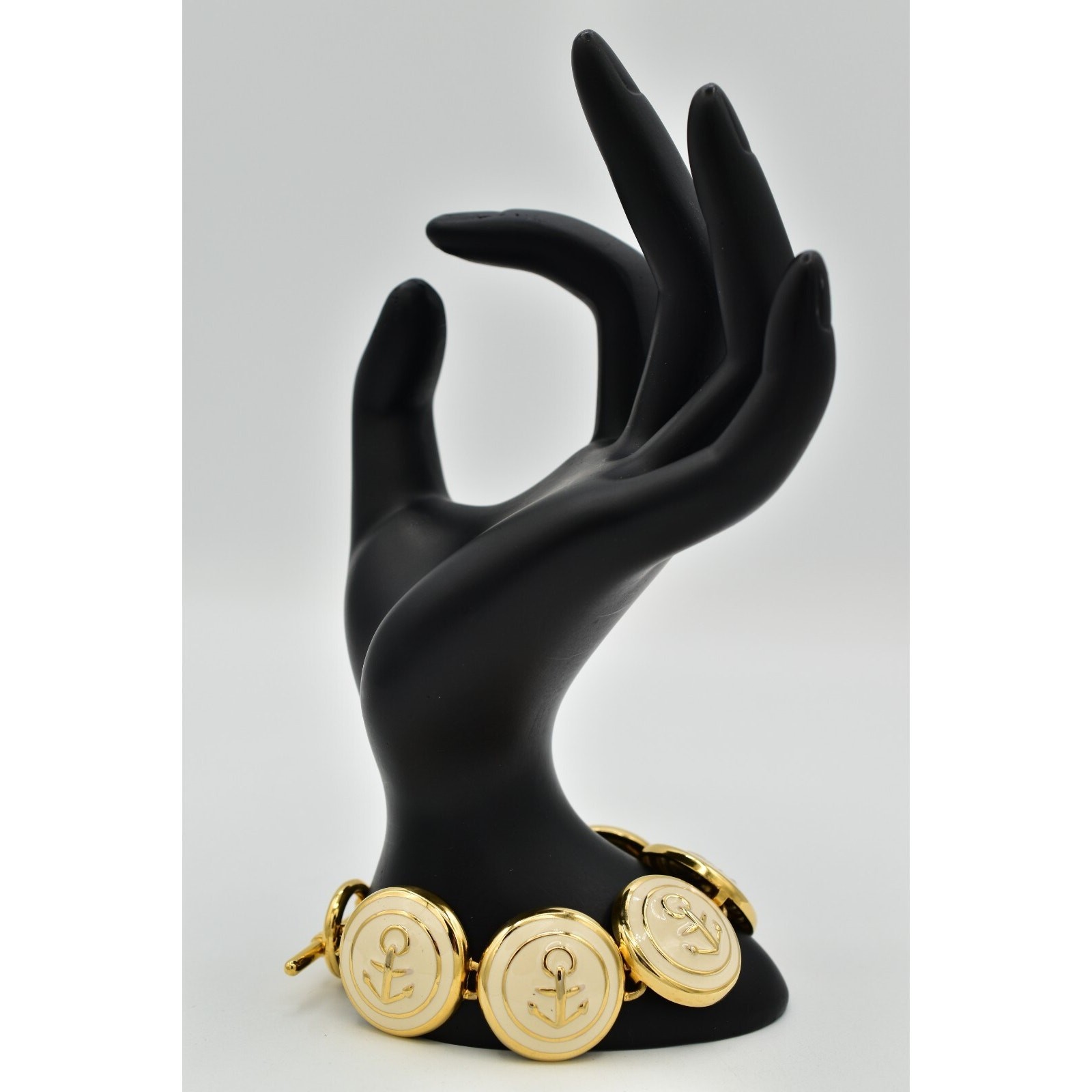 Vintage Anchor Linked Bracelet Chunky Off White Nautical Gold Tone 1990s BinAW