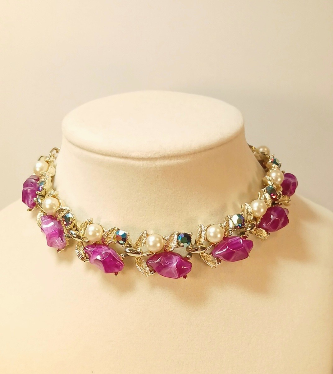 1960s Choker • Purple Lucite Cabochons, Blue AB Stones, And Faux Pearls