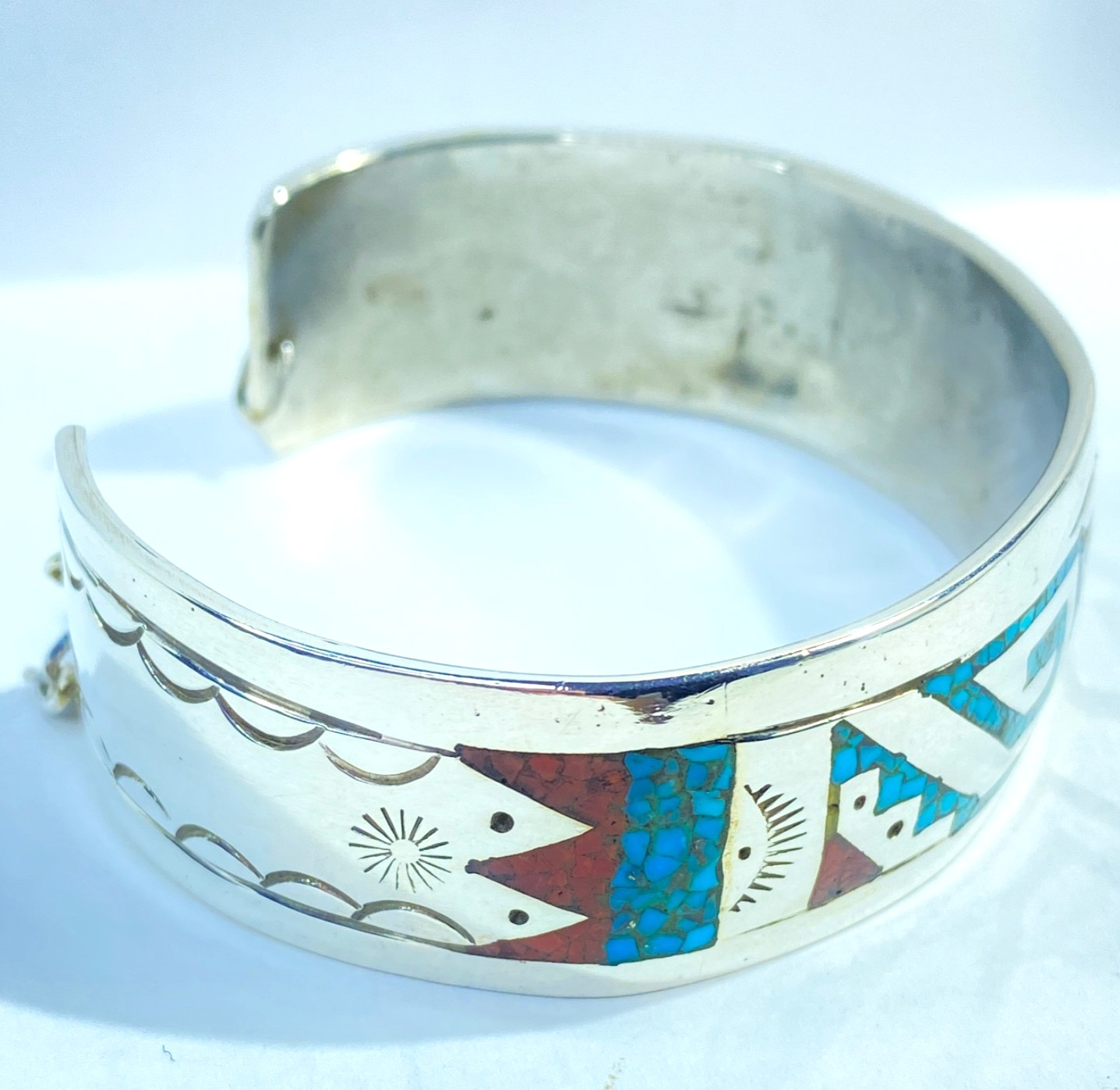 Sterling Native American Henry Baca Inlaid Turquoise & Coral Cuff 2 3/8″