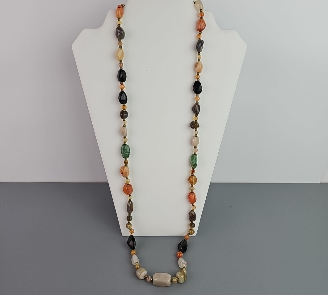 Vintage Beggars Bead Necklace Polished Stone Fall Colors Opera Length 36 Inch