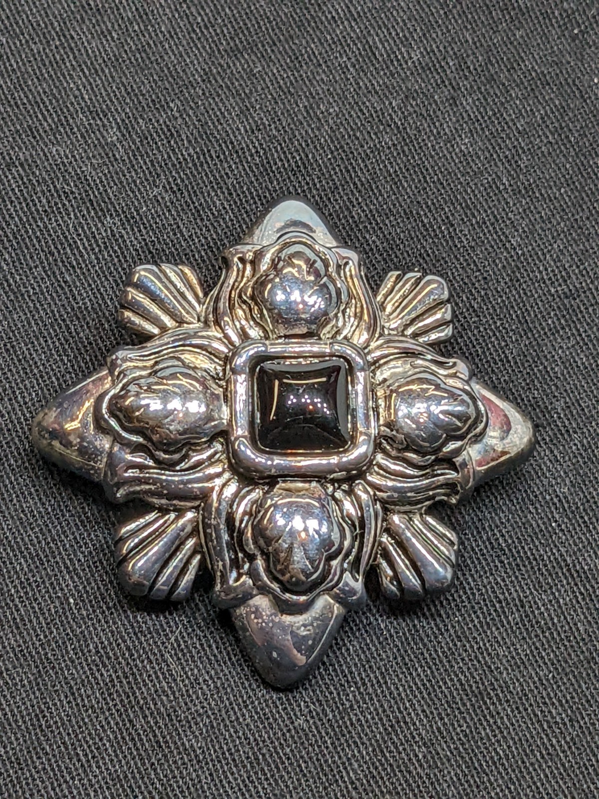 Vintage Monet Gothic Revival Brooch Ornate Silver Tone Pin Black Faux Onyx 70s