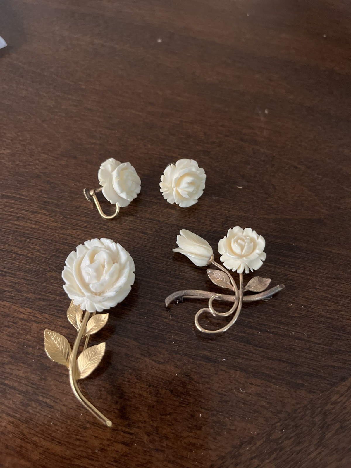 White Faux Ivory And Gold Rose Earrings And (2) Brooch Set