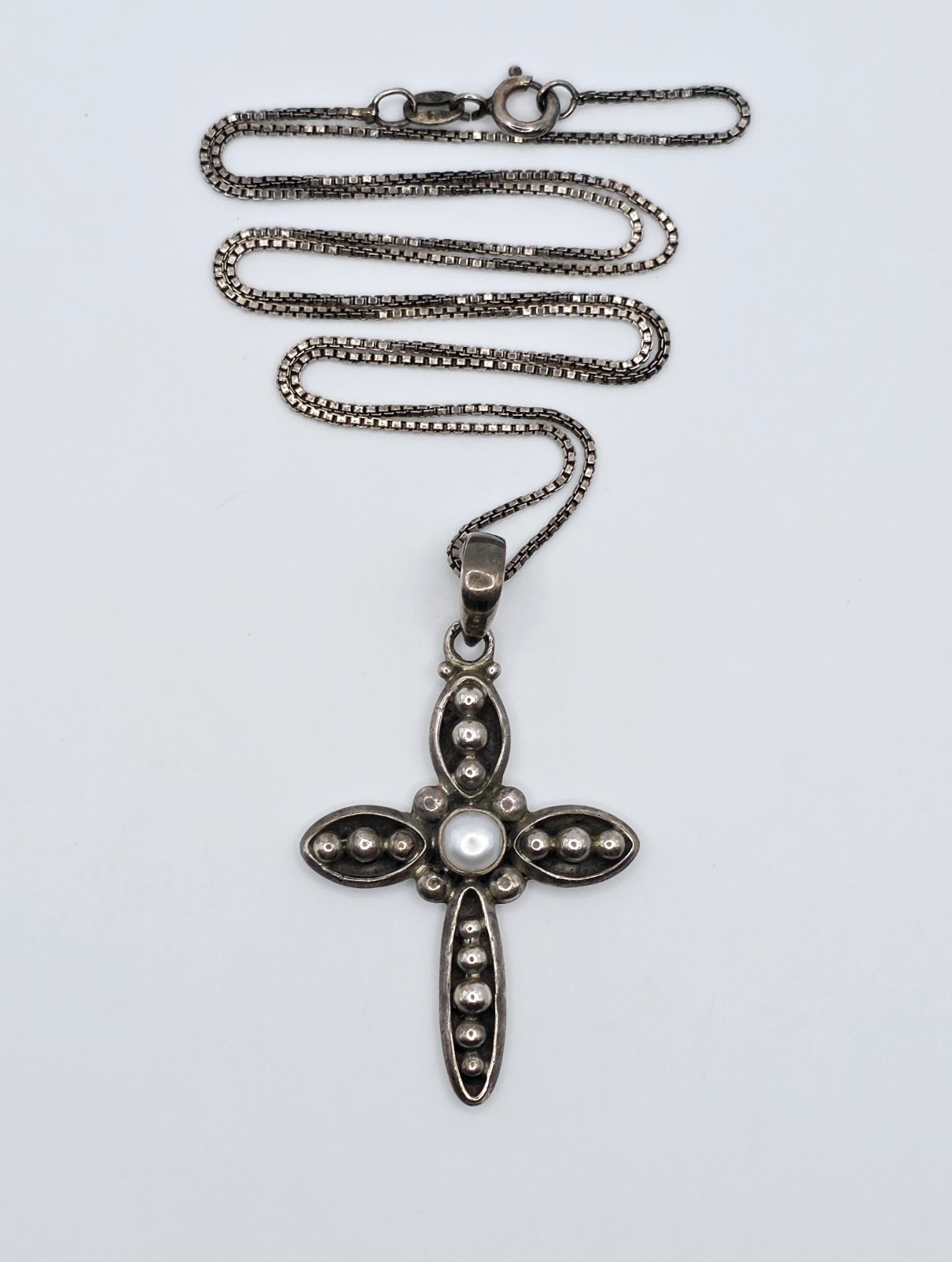 Silpada S0971 Pearl Cross Pendant Necklace 20″ Italy Sterling Silver Box Chain