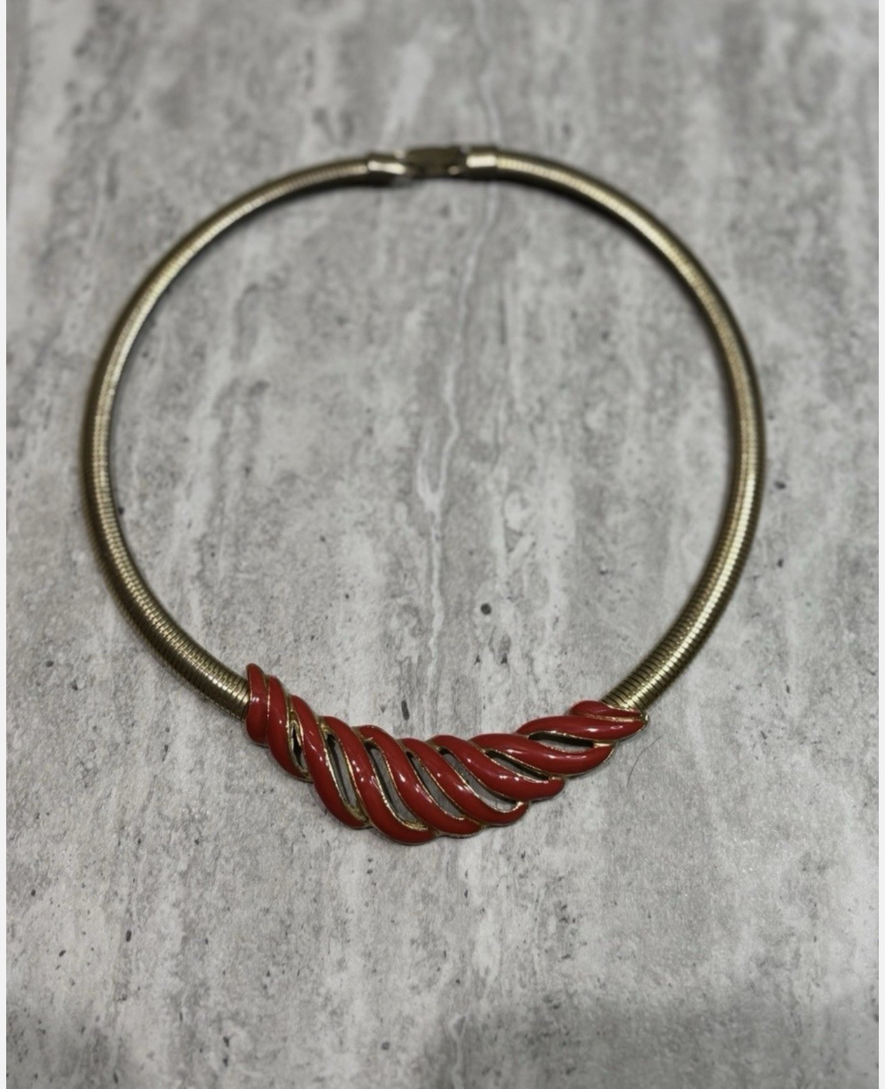 Vintage Omega Necklace Red Enamel Pendant Collar Gold Tone Jewelry