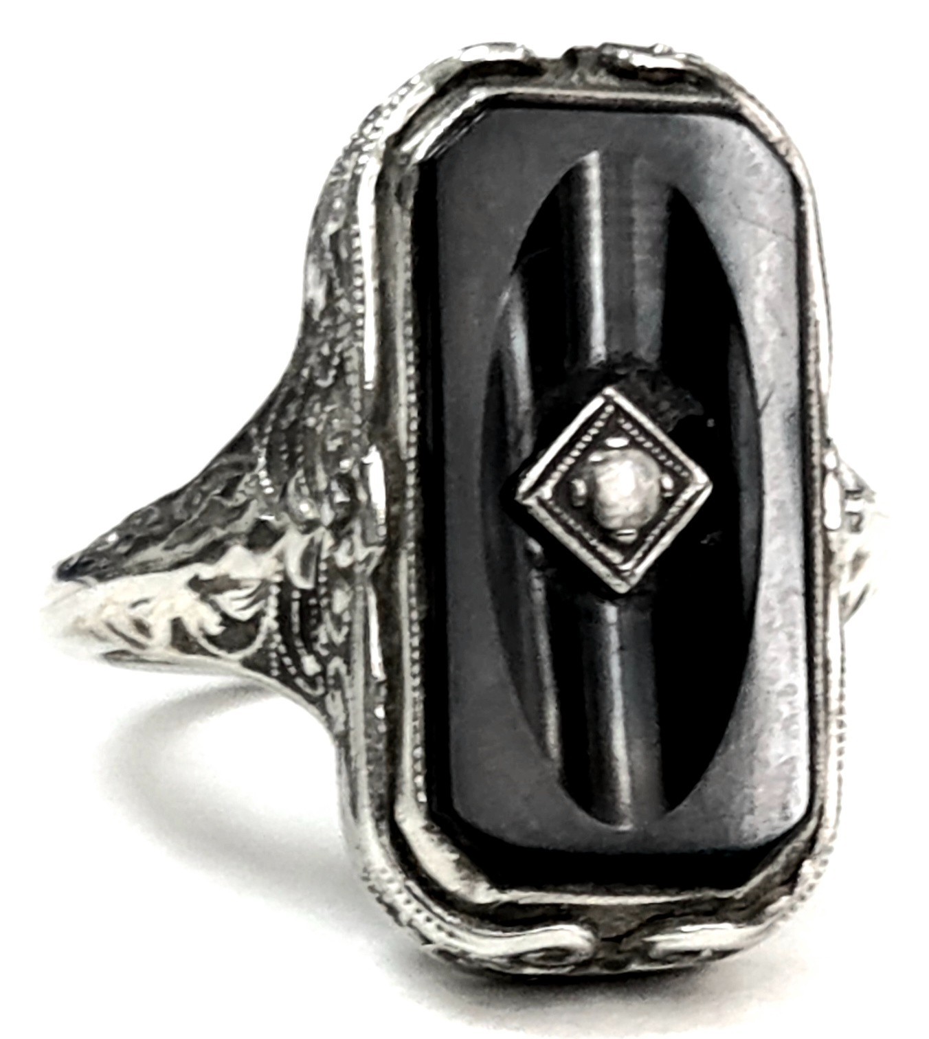 Antique 14K White Gold Black Onyx & Diamond Art Deco Filigree Ring Sz 6.5