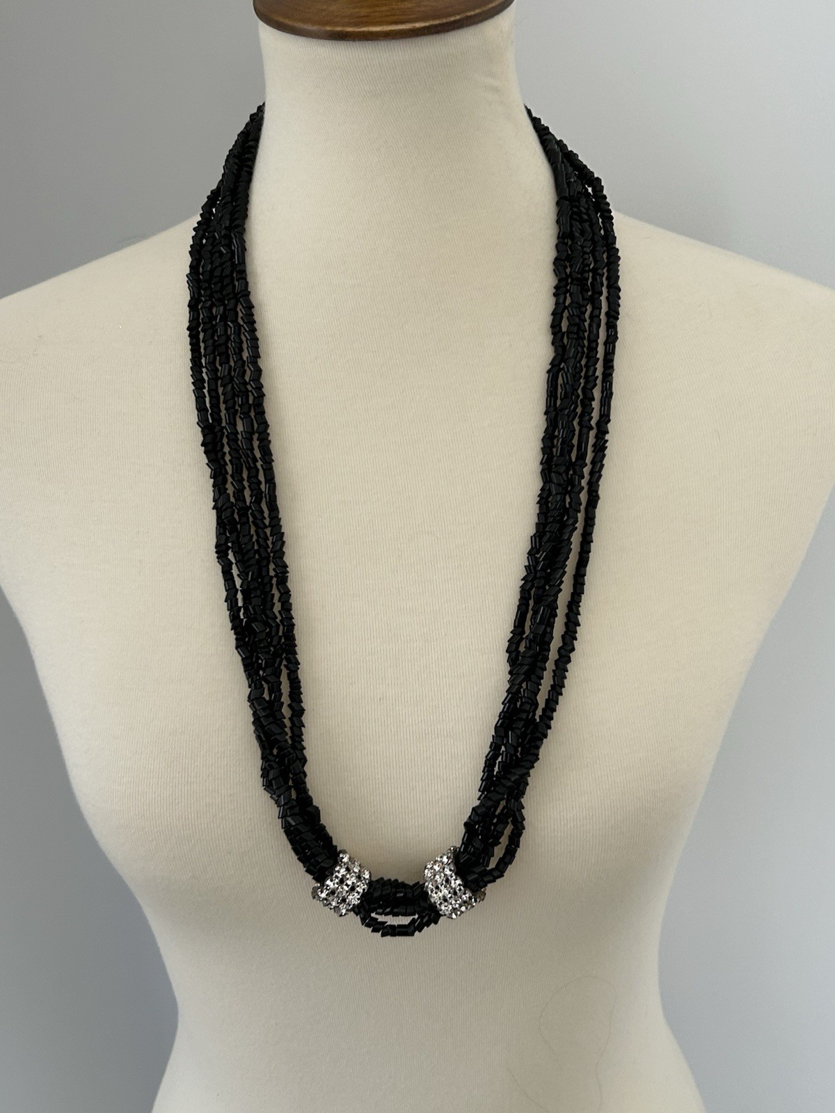 Vintage Black Glass Necklace Multi Five Strand Rhinestone Wrap Gantos Orig Tag