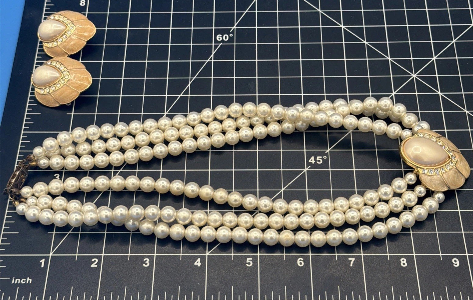 Vintage Necklace & Clip-On Earrings Set – 3‑Strand Faux Pearls Rhinestone Center
