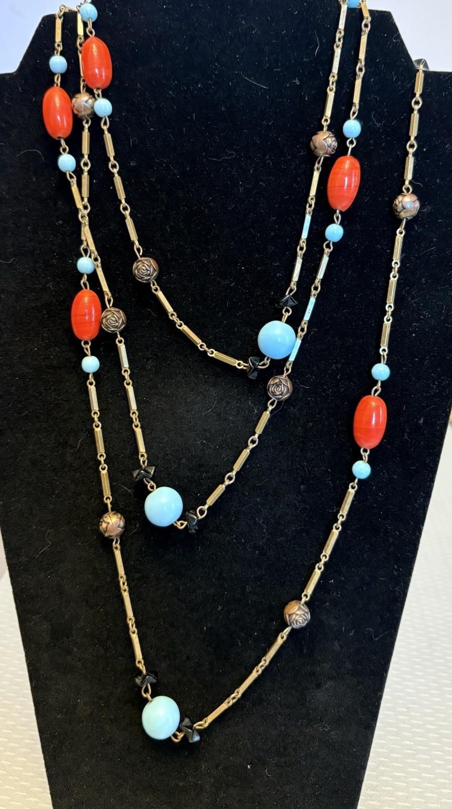Art Deco Vintage Flapper Necklace Stationed Glass Bead Brass Bar Link Chain 62″
