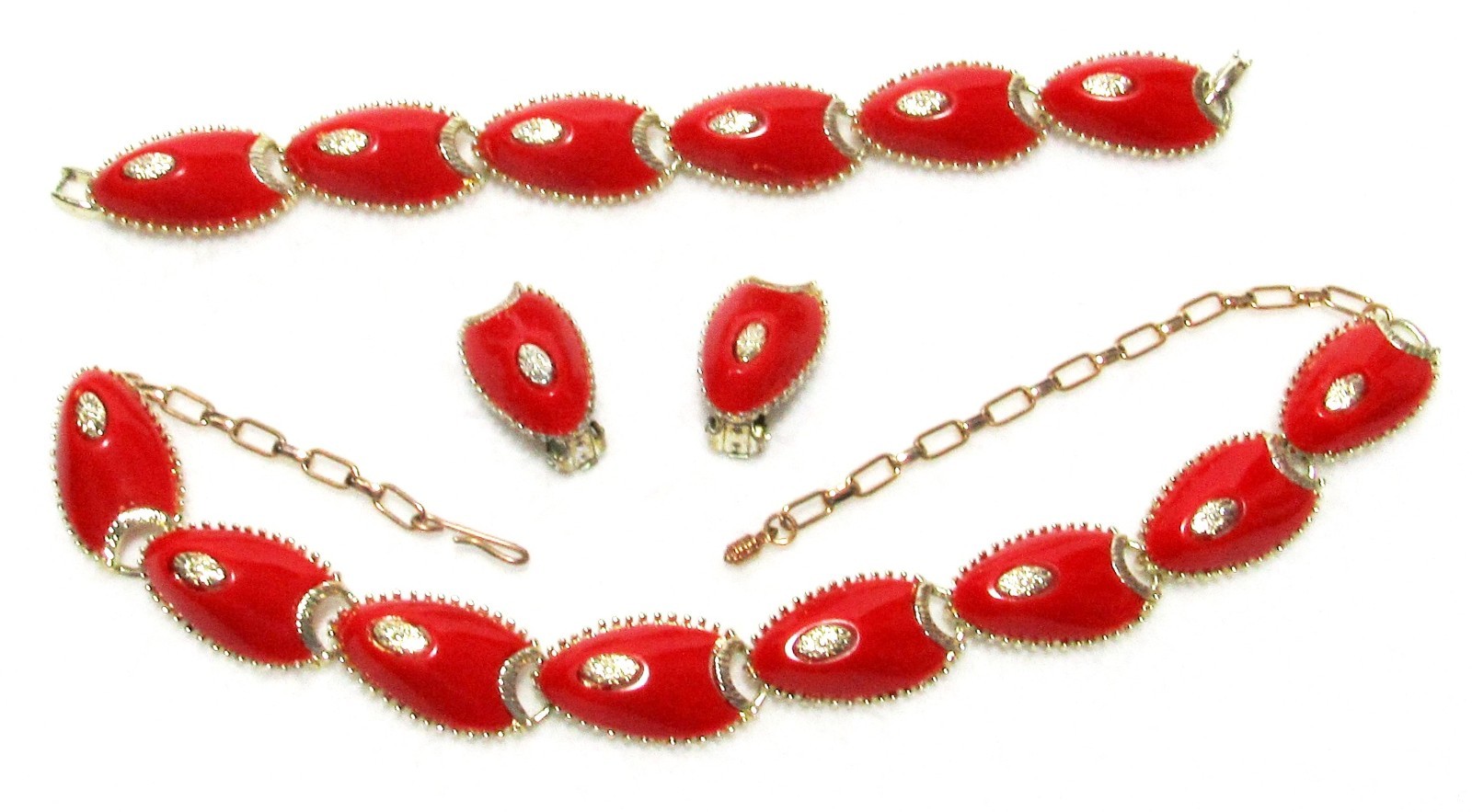 Retro Vintage Red w/Gold Accents Choker Necklace Link Bracelet Clip Earrings Set