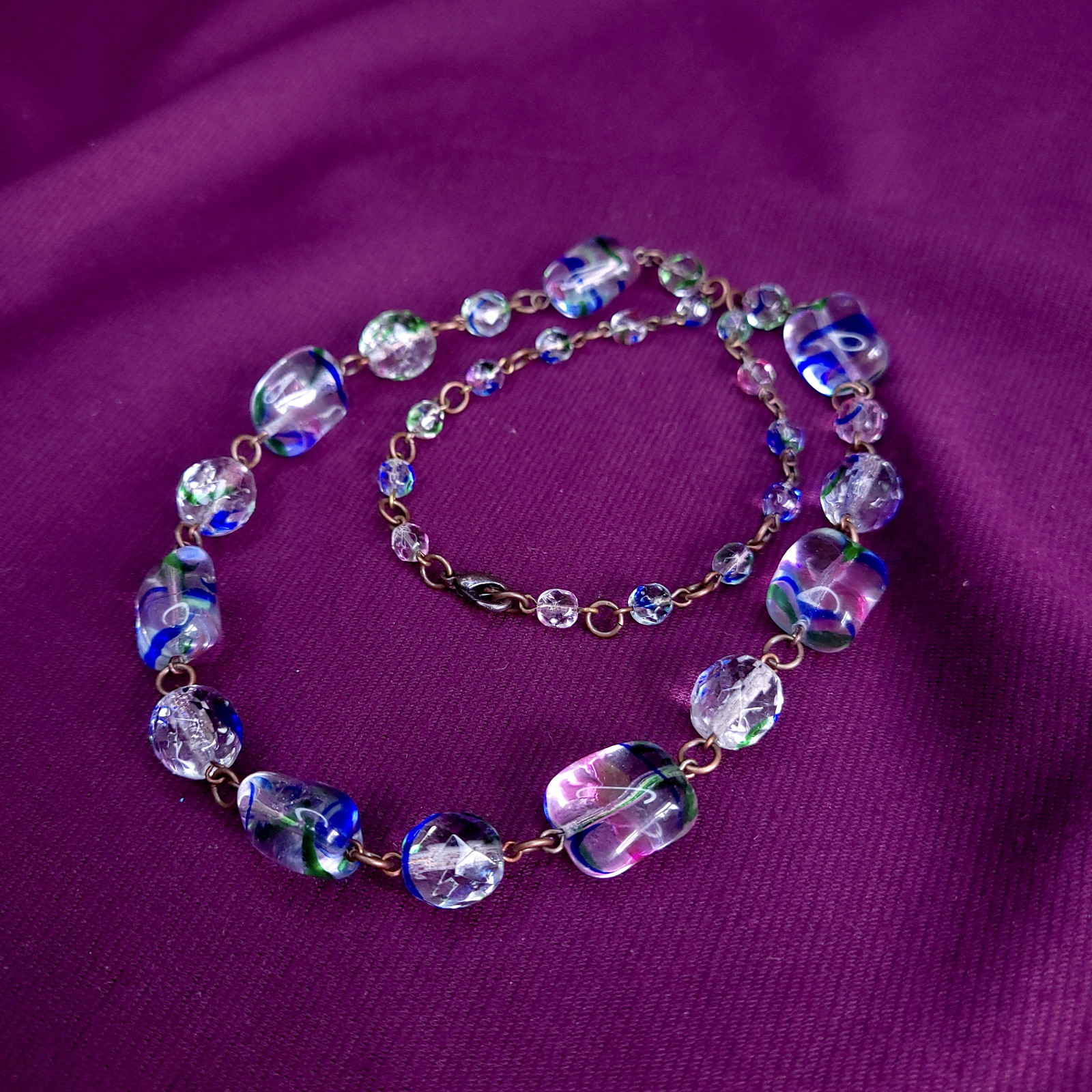 Art Deco Style Iris Glass Necklace 22inch Multicolor Glass Czech Old Beads