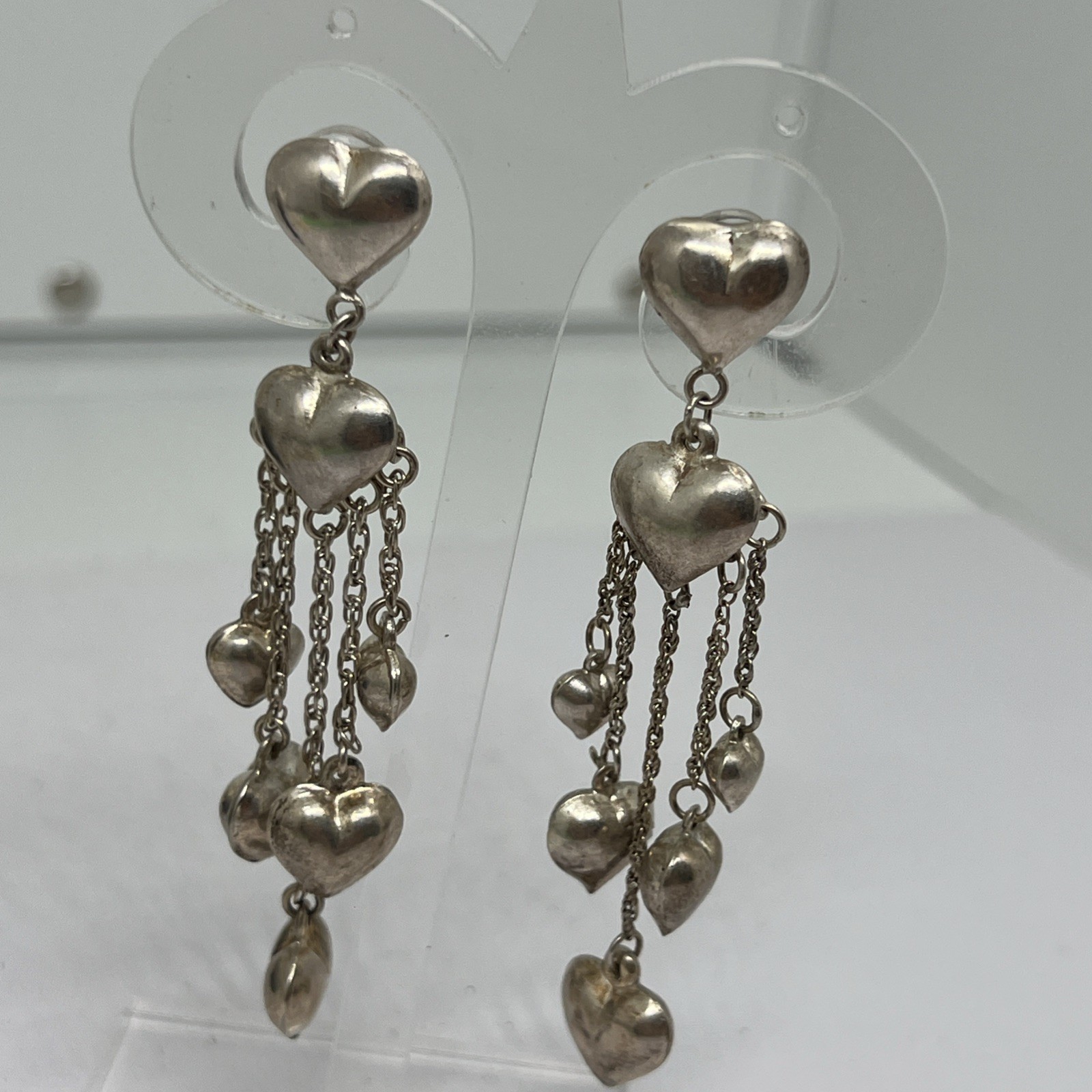 Vintage 925 Sterling Silver Puffy Heart Dangle Chandelier Earrings Signed CW 14