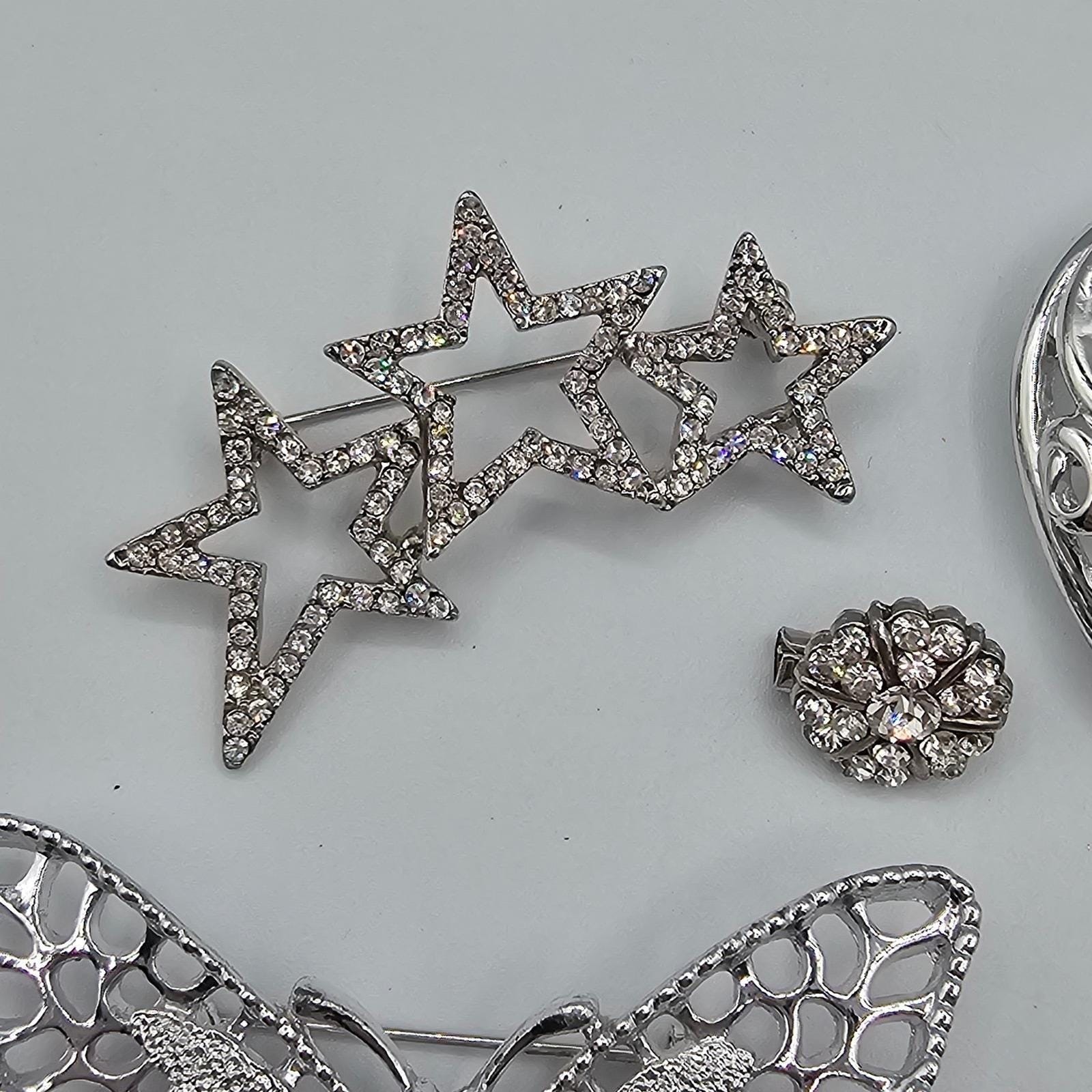 Vtg Silver Tone Brooch Pin Lot Butterfly Stars Heart Feather Rhinestone Sparkle
