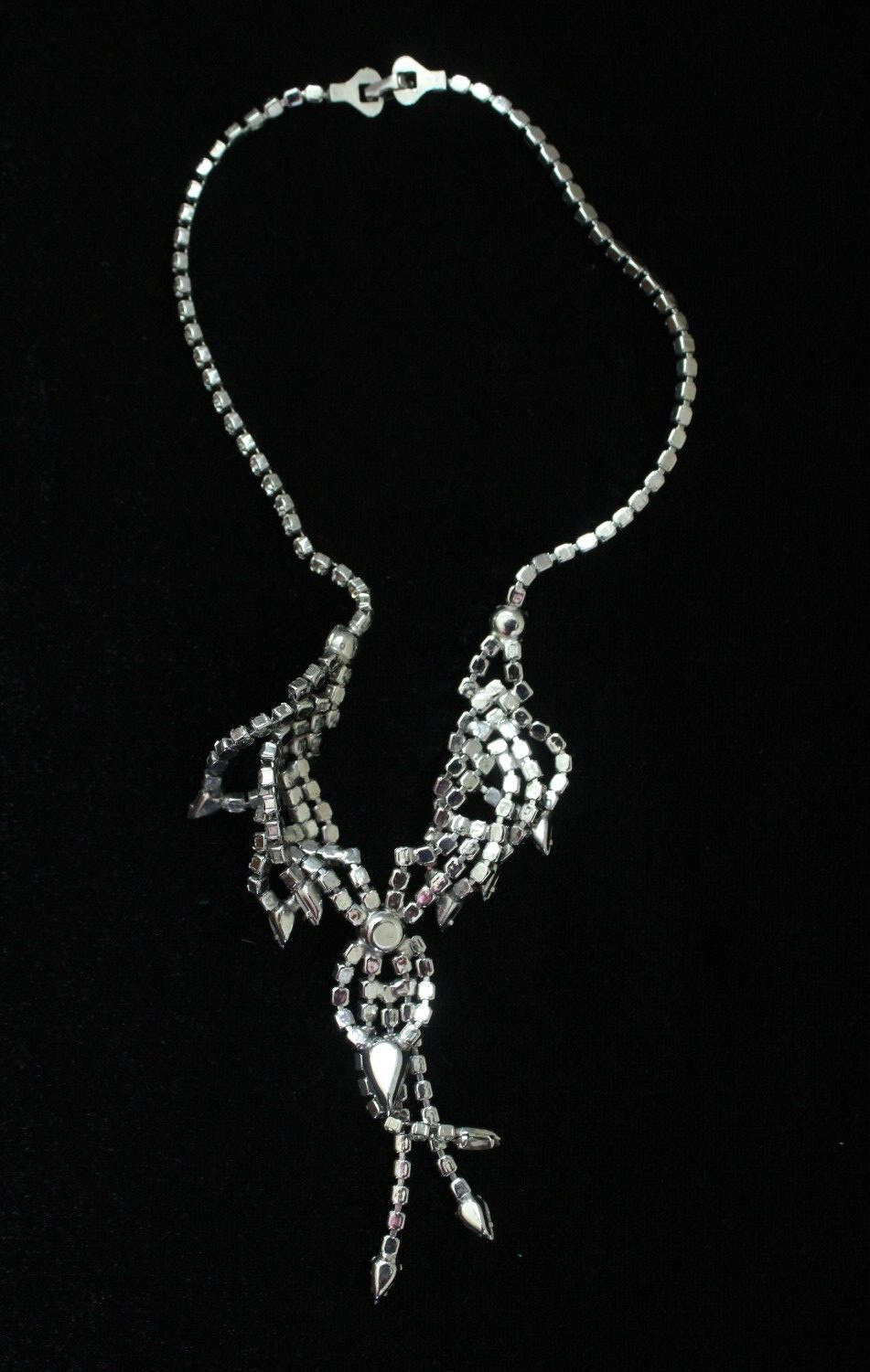 Vintage Clear Rhinestone Layered Dangling Fringe Choker Necklace 15 1/2″