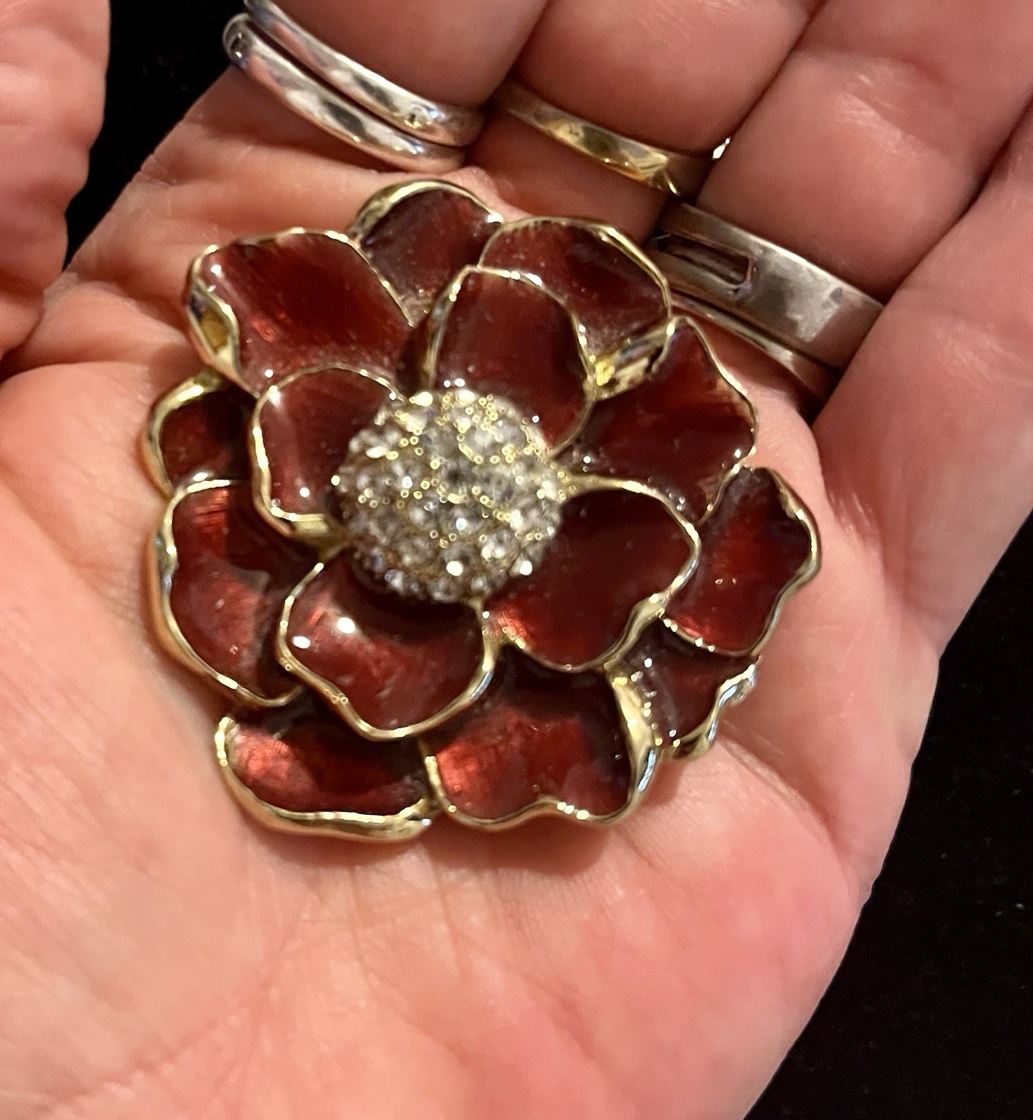 Vintage Monet Signed ENAMEL Red Poppy Flower Brooch-Pin Gold Tone & Rhinestones