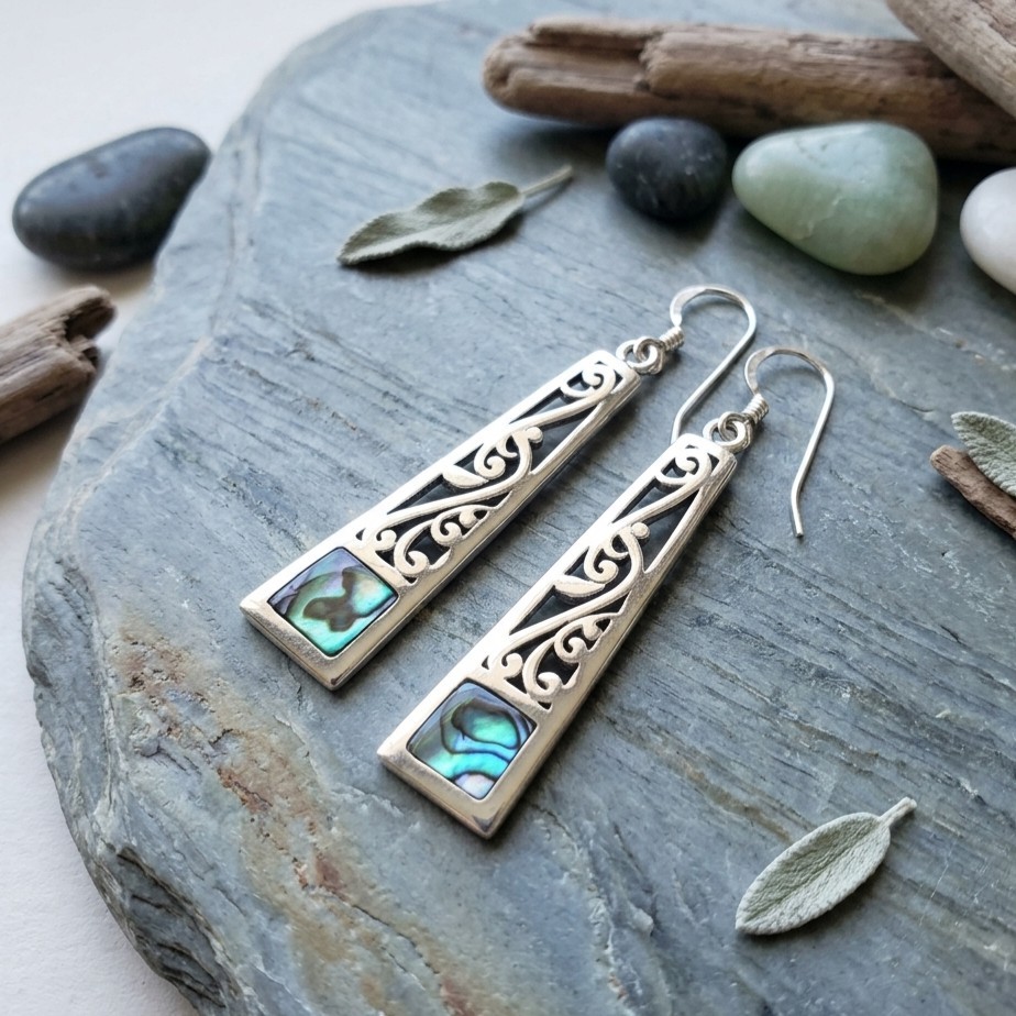Abalone Earring Sterling Silver Paua Shell Drop Dangle Boho Filigree 925
