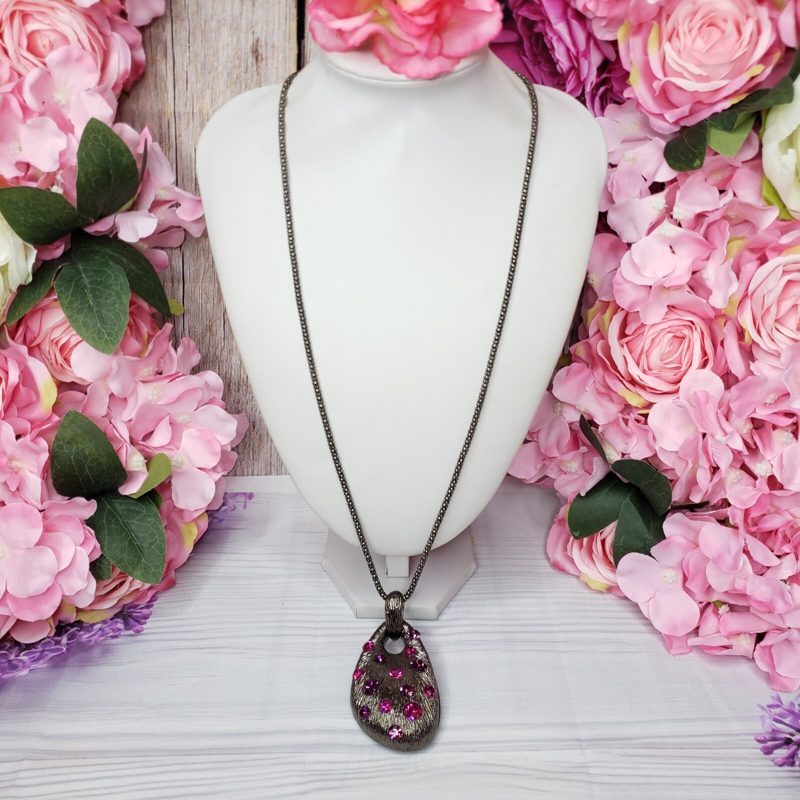 Pink Purple Rhinestone Large Pendant Necklace Gunmetal Tone Chain Statement