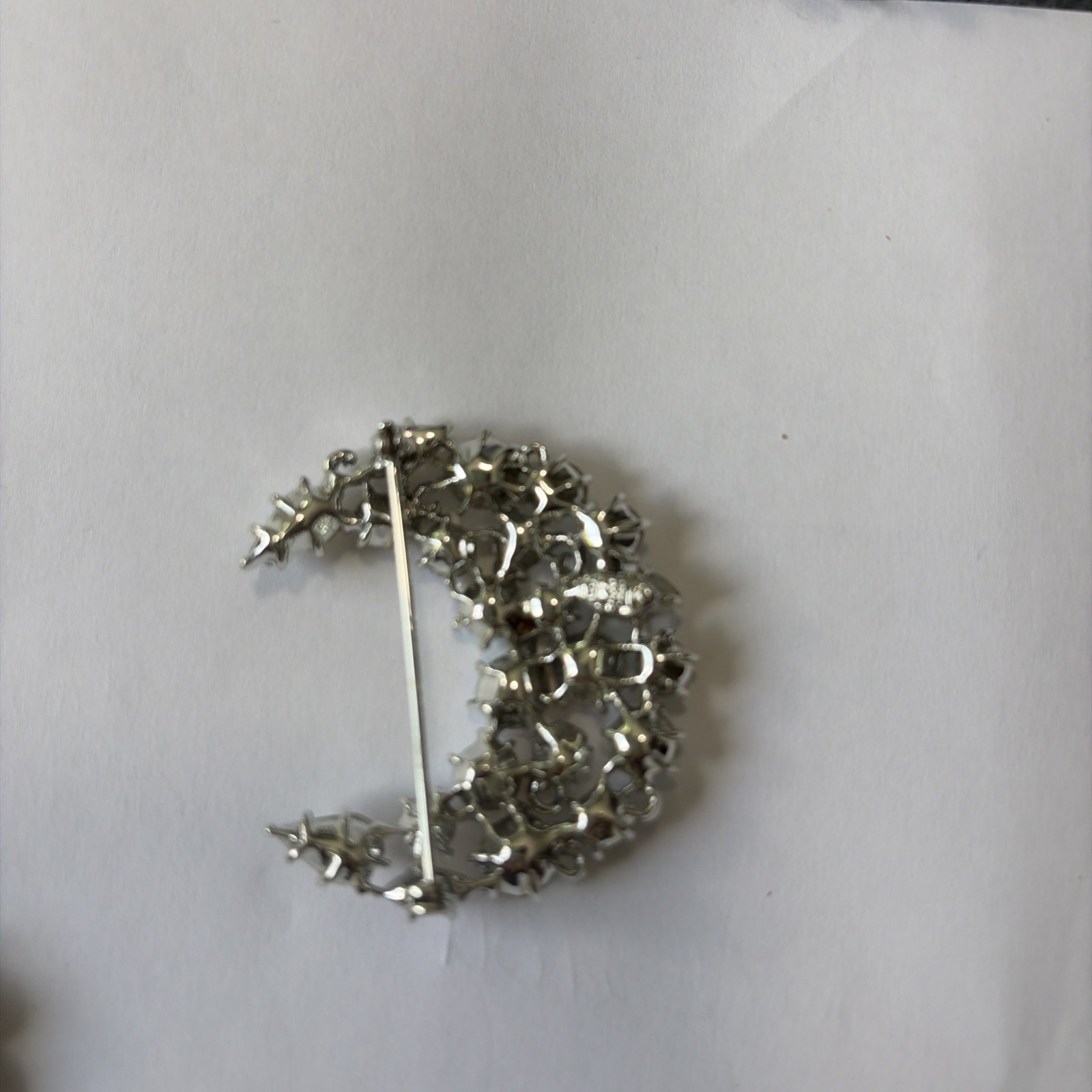 Vintage KARU Arke Blue AB Rhinestone Crescent Moon Brooch Silver Tone Excellent