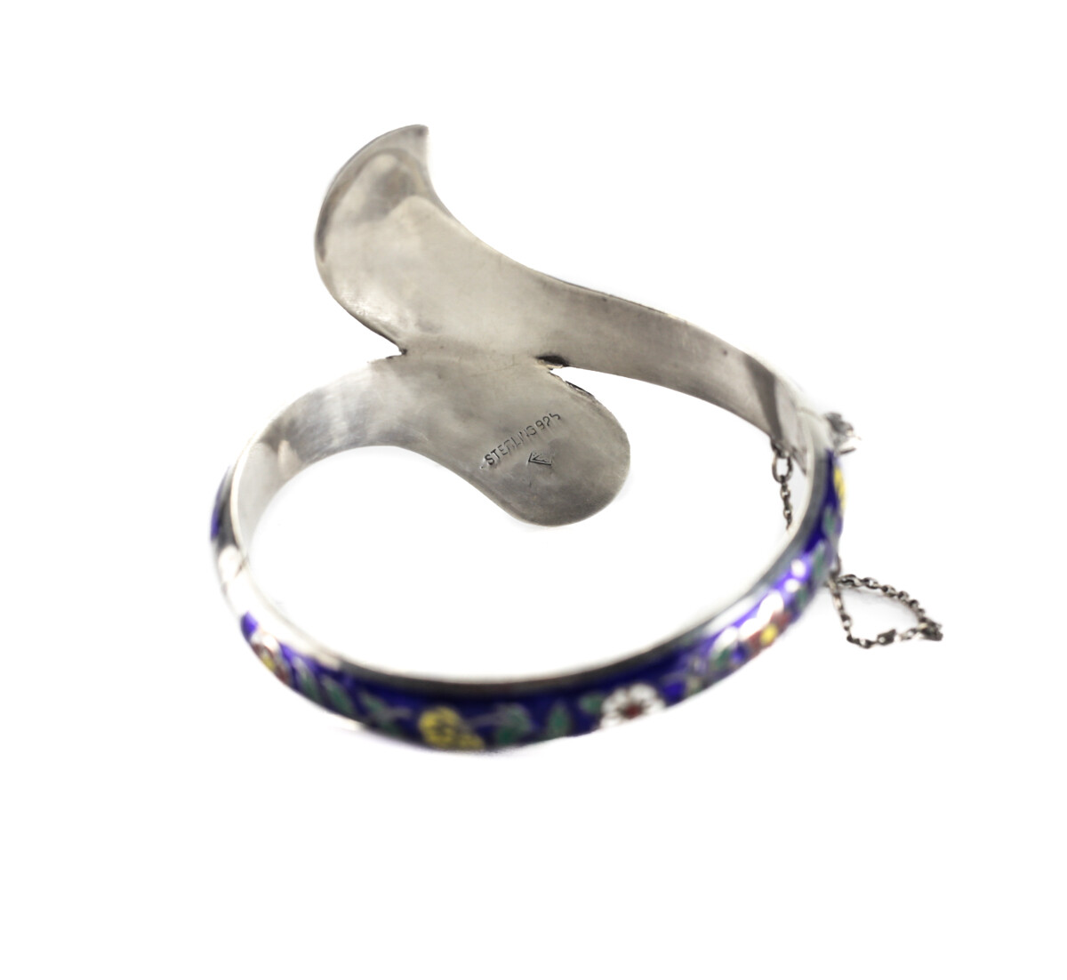 Vintage Sterling Silver Cloisonne Bangle Bracelet hinged opening