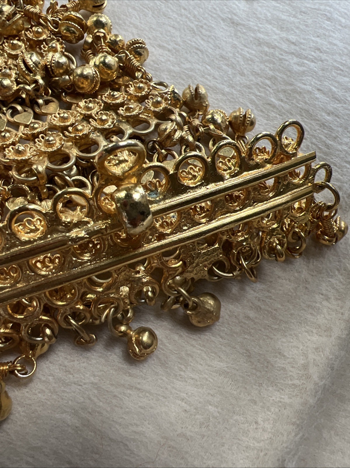 Vtg FESTOON NECKLACE Pendant GOLDWASH BRASS FILIGREE ROSETTES DANGLES
