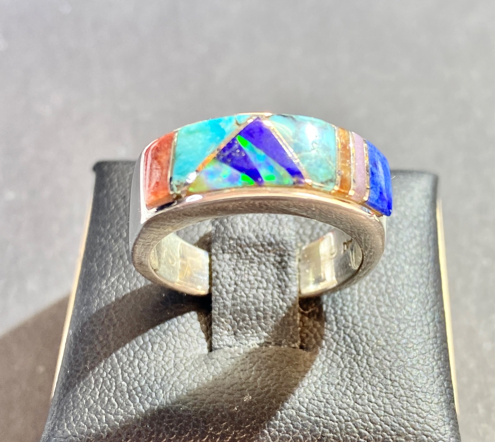 Vintage Sterling Navajo Earl Plummer Multi-Stone Channel Inlay Ring Size 7.5