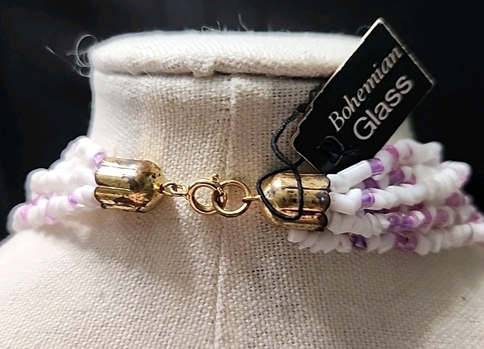 Bohemian Glass Vintage Necklace & Pierced Earring Set White/Purple/Pink 80s-90’s