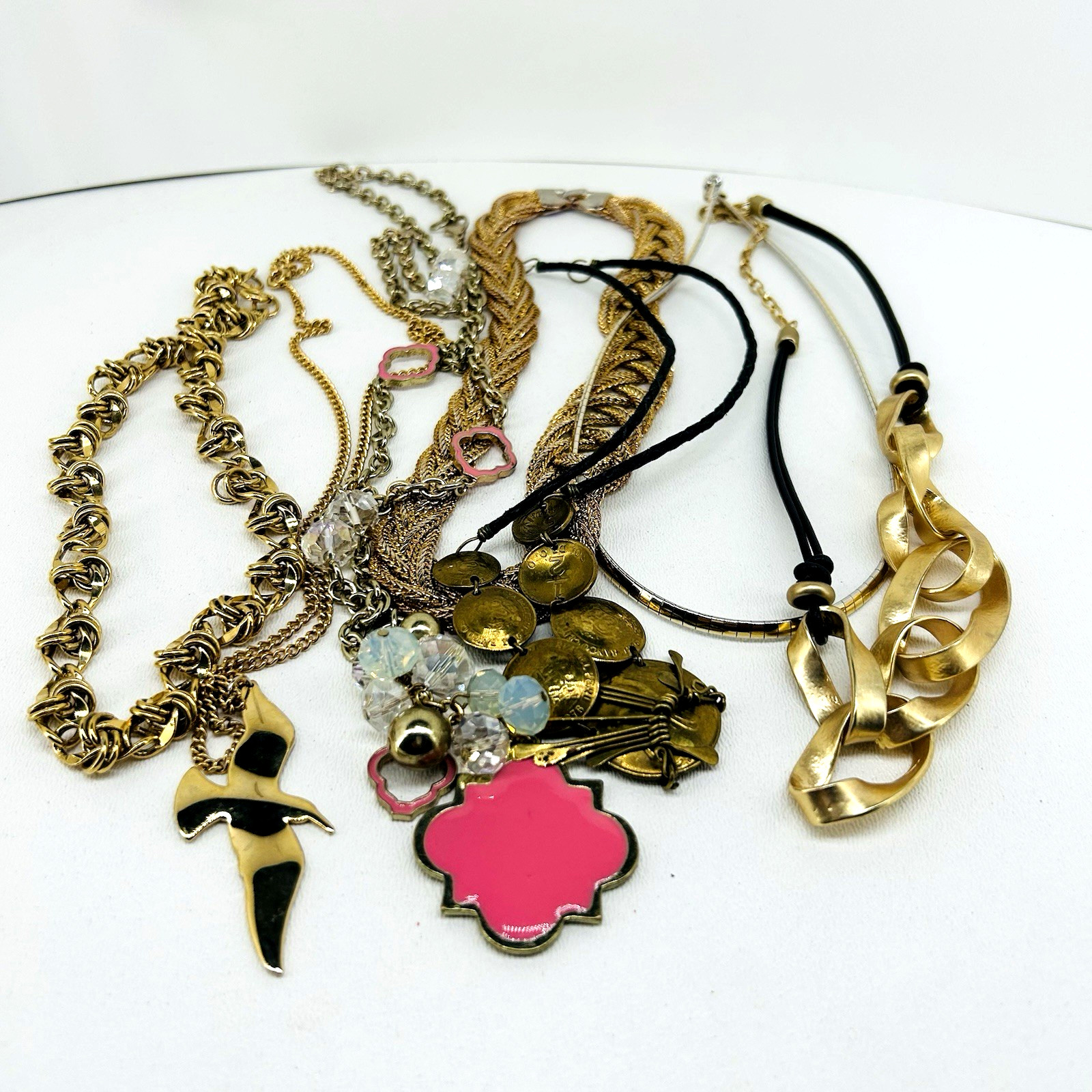 Vintage to Now Lot of 7 Gold Tone Necklaces Different Styles Designs Shapes