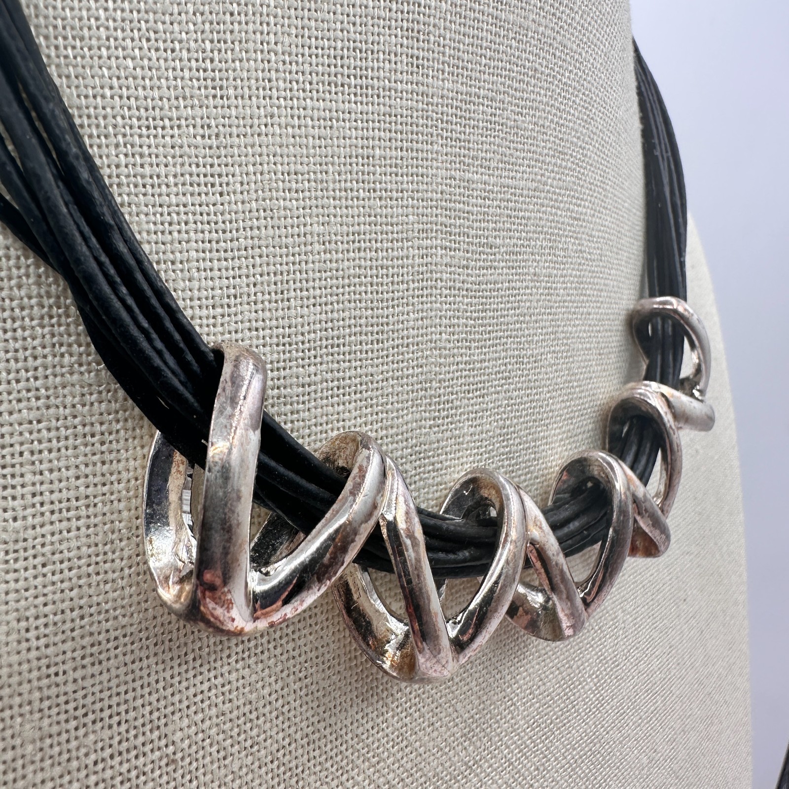 Vintage 90s Multi Strand Leather Cord Silver Tone Zig-Zag Necklace Jewelry