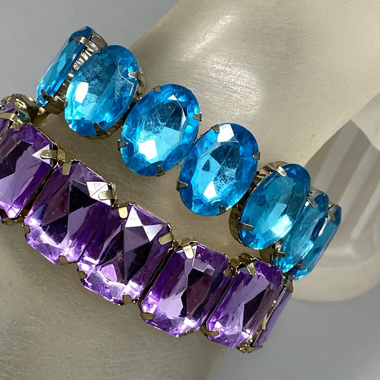 Rhinestone Stretch Bracelet Lot of 6 Blue Purple Clear Acrylic Silver Gold Tone