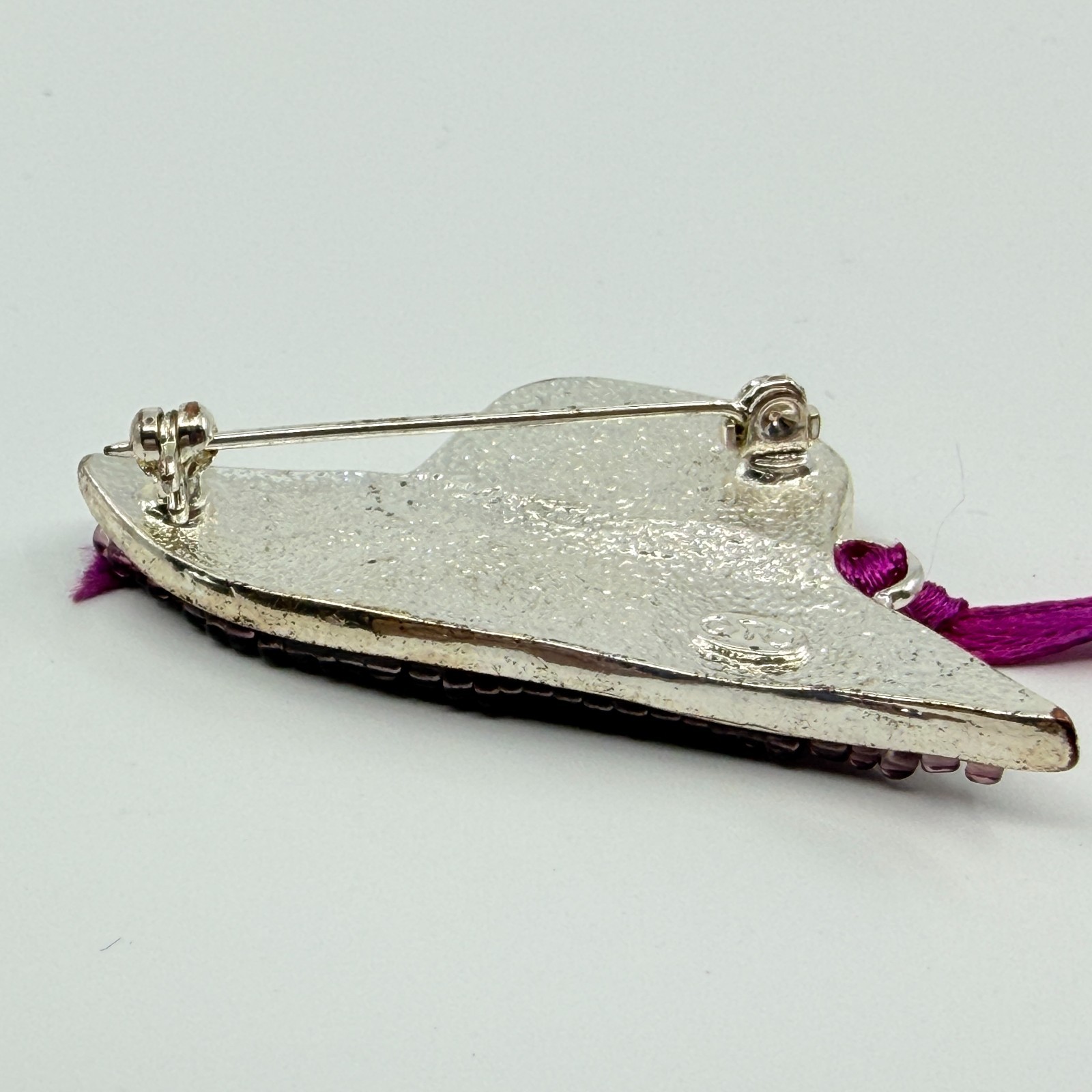 Vintage Chico’s Red Glitter Enamel Sun Hat Brooch Purple Ribbon Beaded Pin