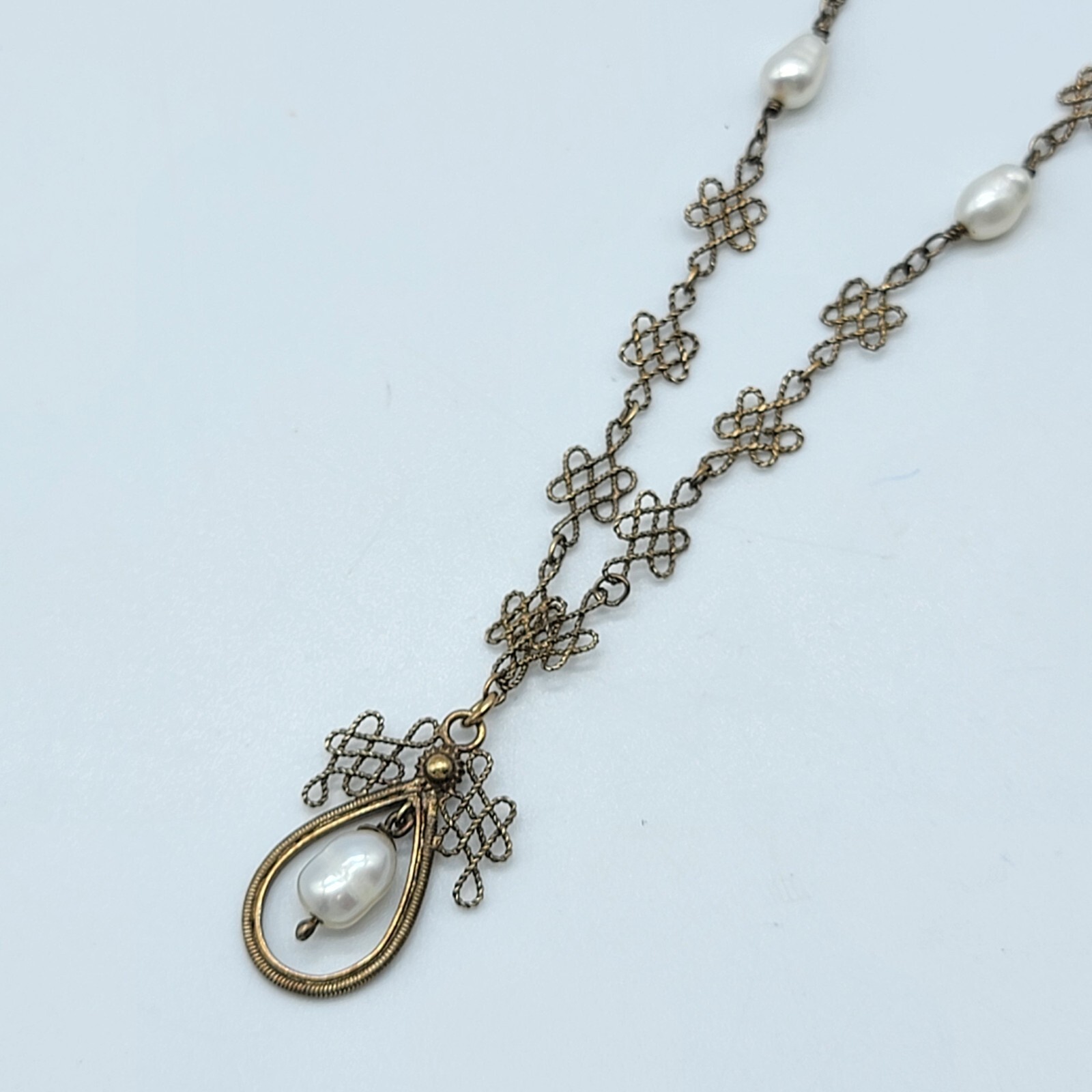 Vintage Baroque Pearls Filigree Necklace Gold Over Sterling Silver 18″