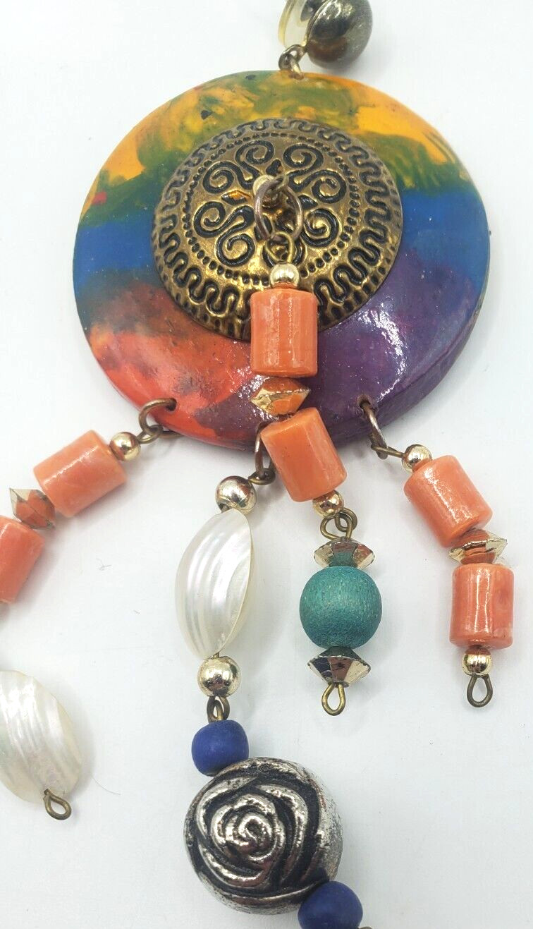 Vintage Pierced Earrings Wood an Copper tone Multi Beads One White Missing